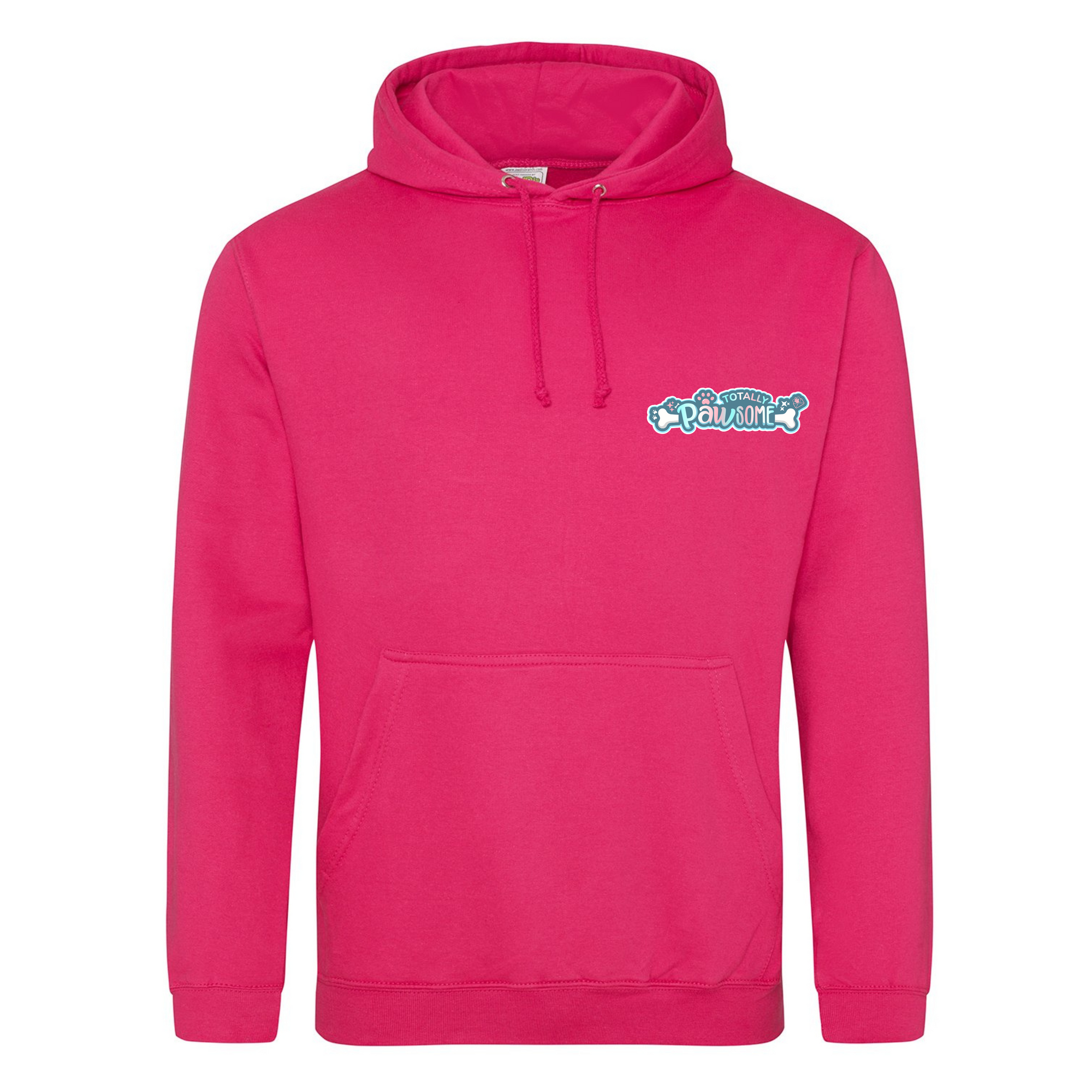 Pink hoodie with a logo on the chest against a white background