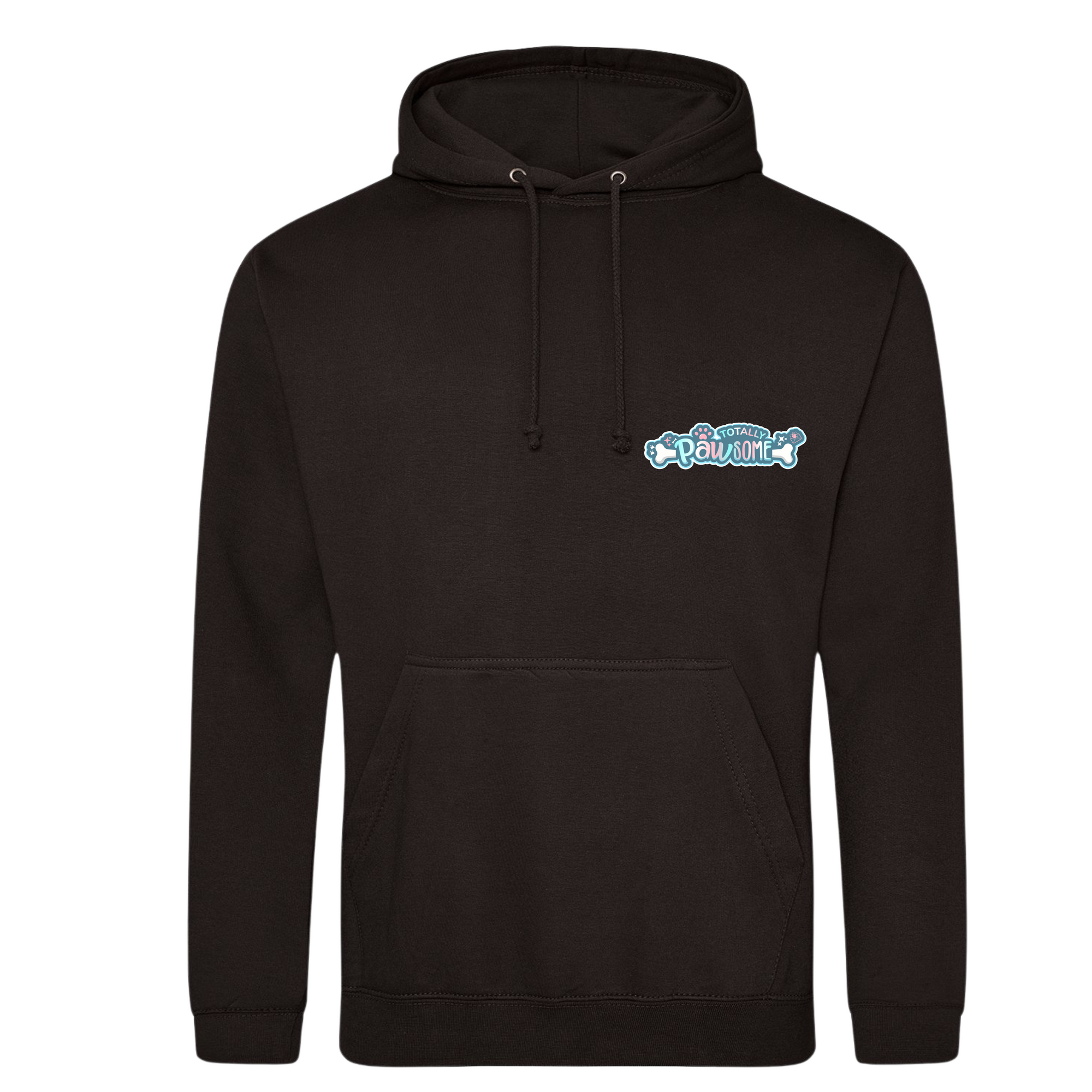 Black hoodie with a logo on the chest against a white background