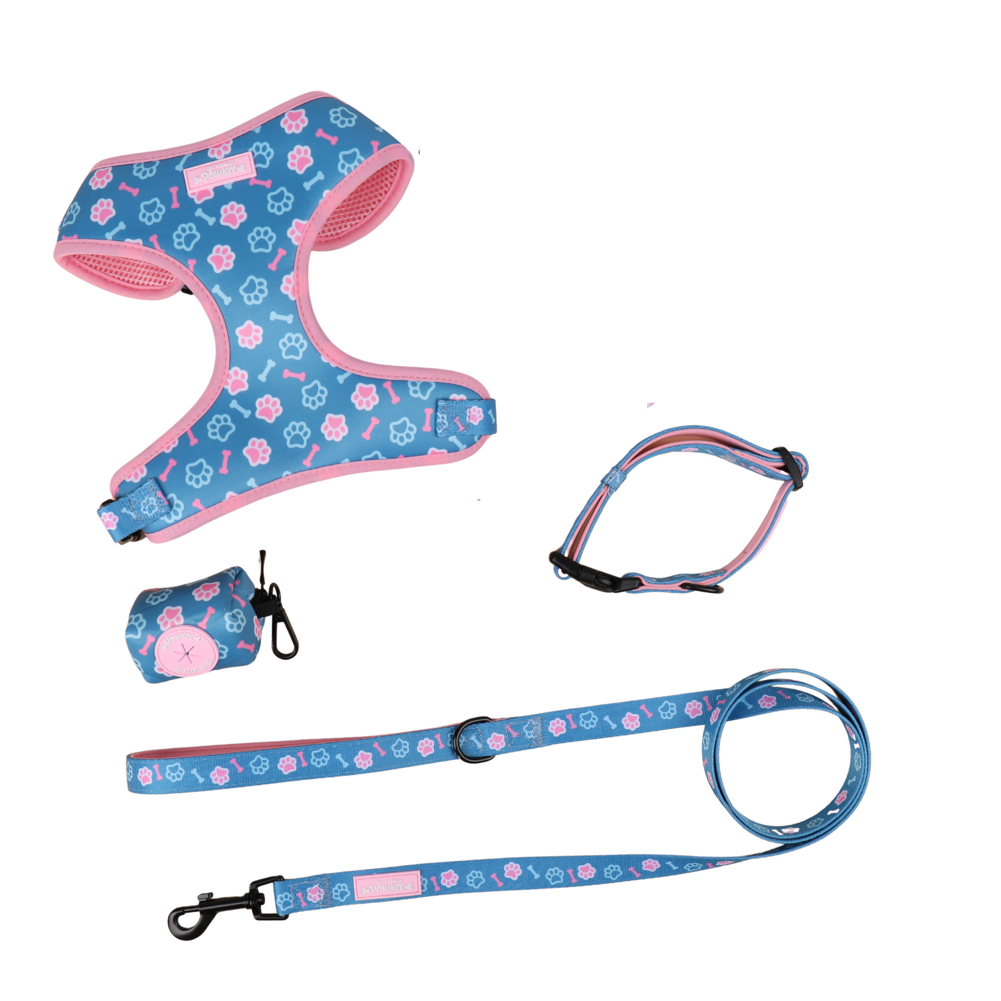 Dog harness, leash, and collar set with pink and blue design on a white background