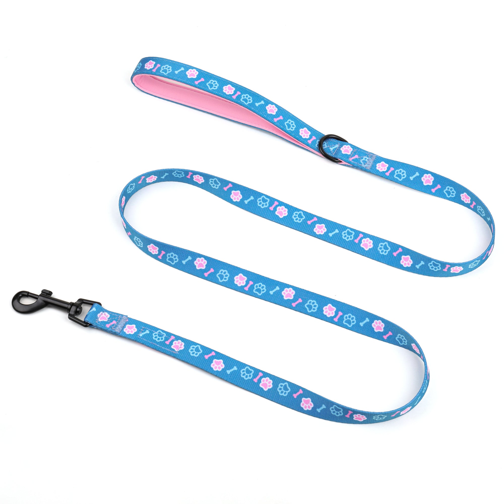 blue and pink dog lead featuring padded pink handle