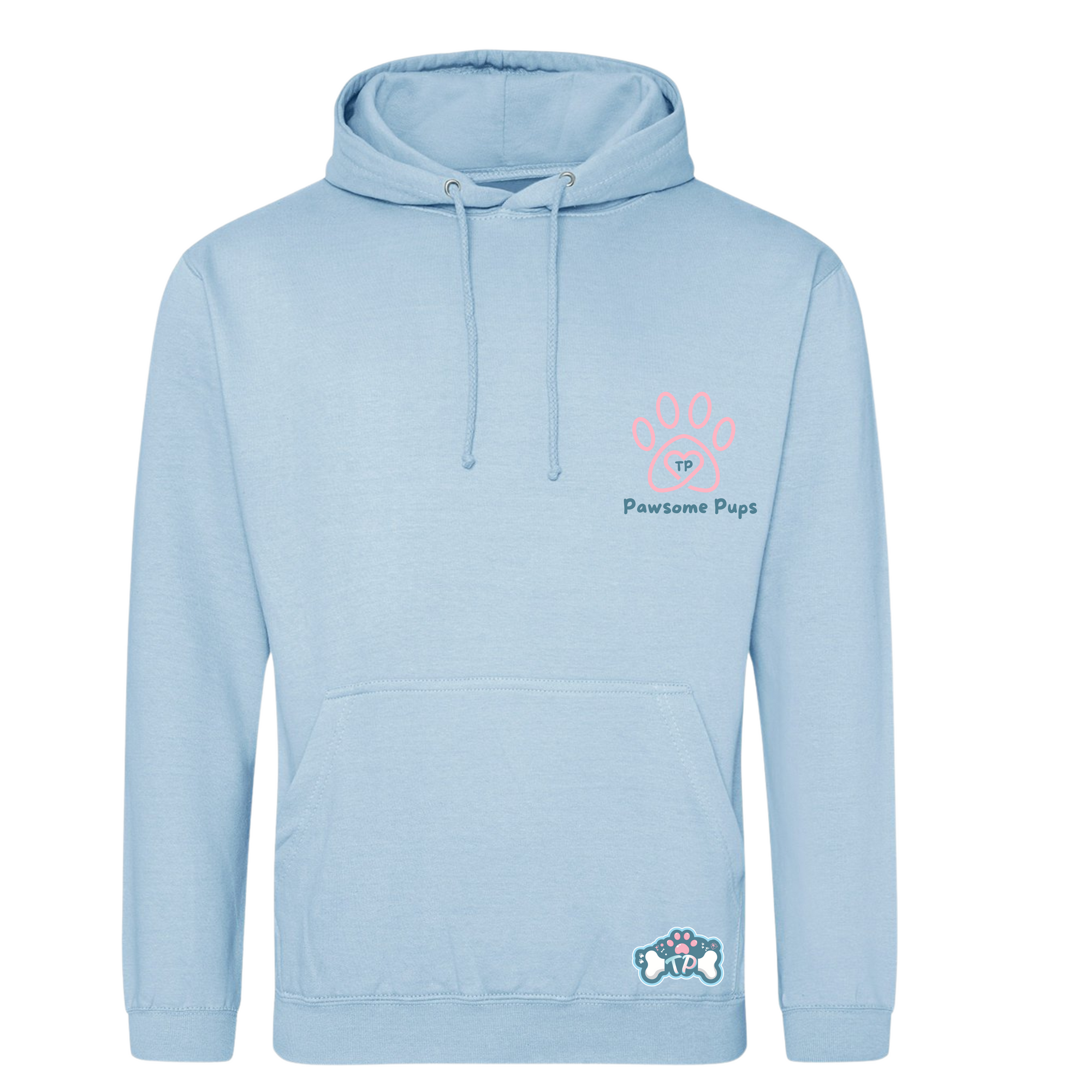 Light blue hoodie with 'Pawsome Pups' text and logo on a white background