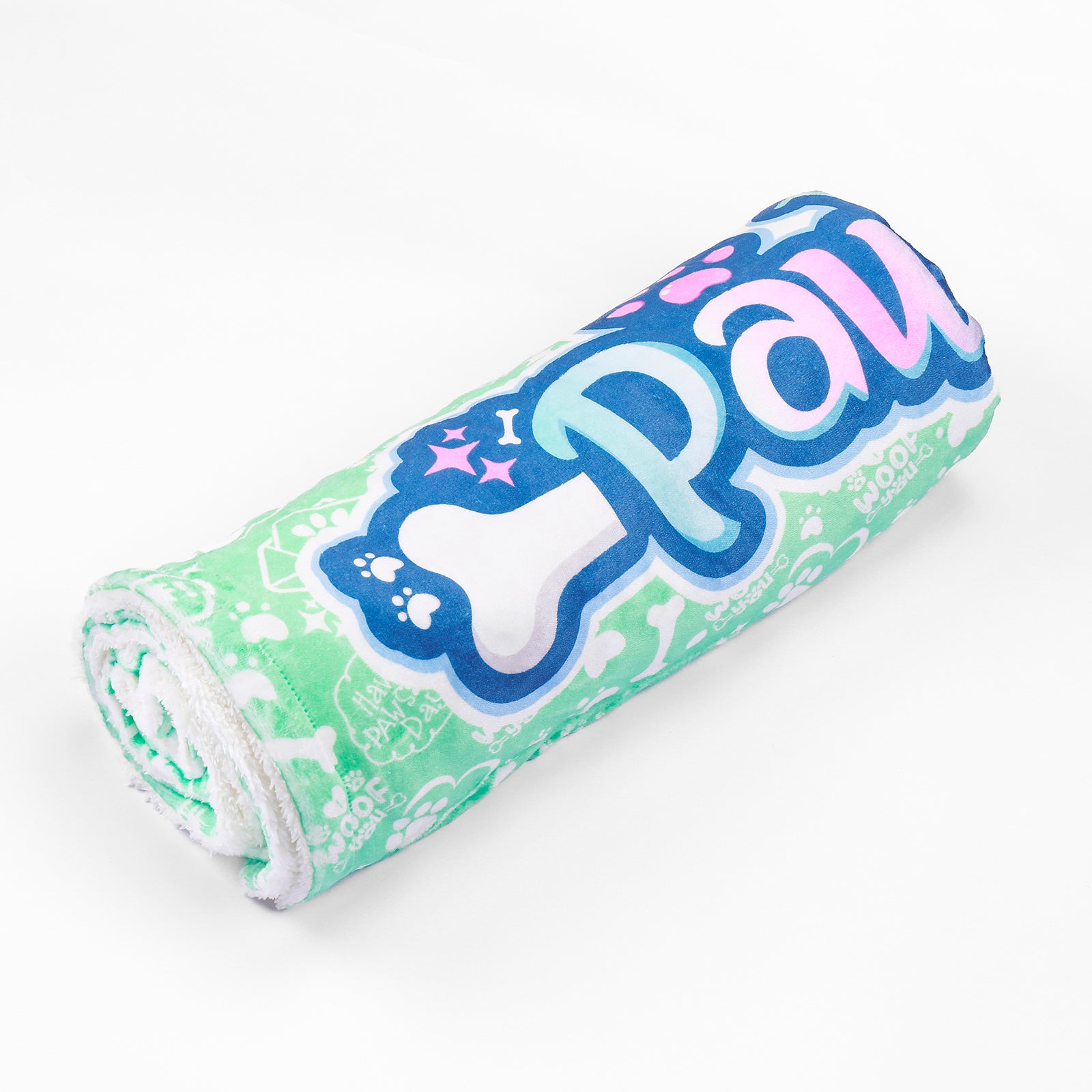 rolled blanket with paw print design and 'Paw' text on a white background
