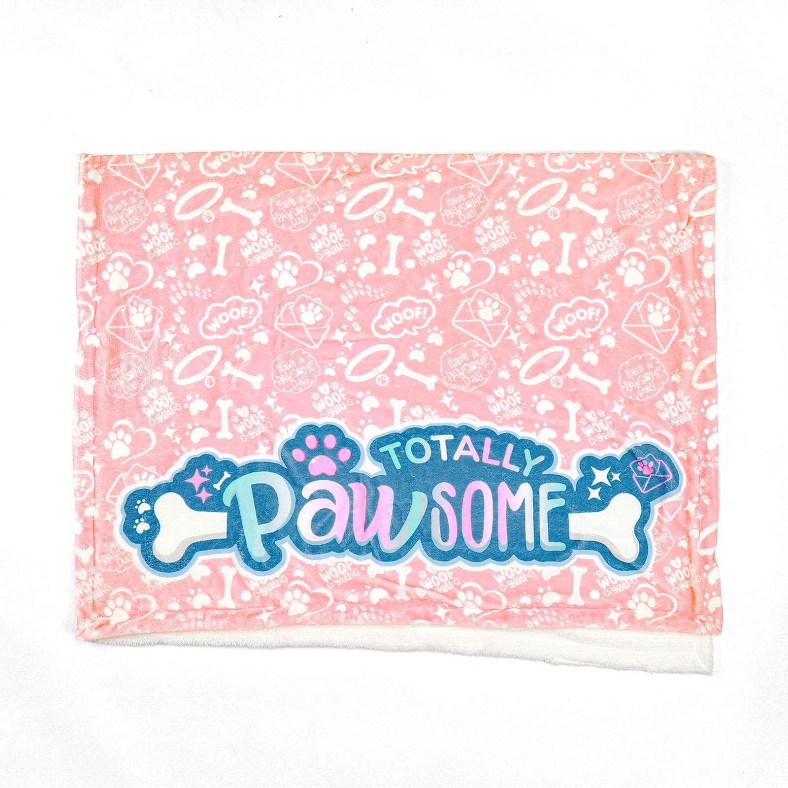 Pink blanket with paw prints and 'Totally Pawsome' text on a white background