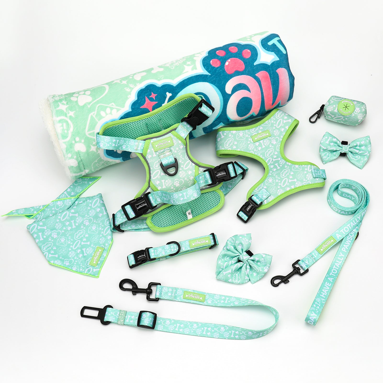 Collection of dog accessories including harnesses, leashes, and a mat on a white background