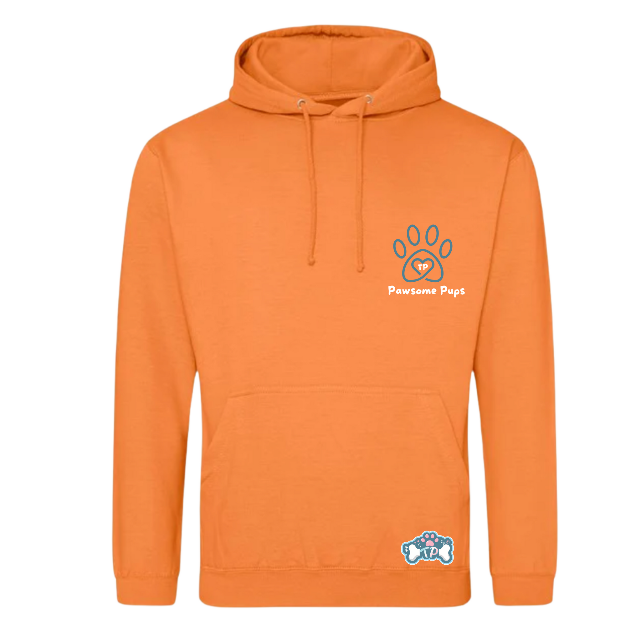 Orange hoodie with paw print design on a white background