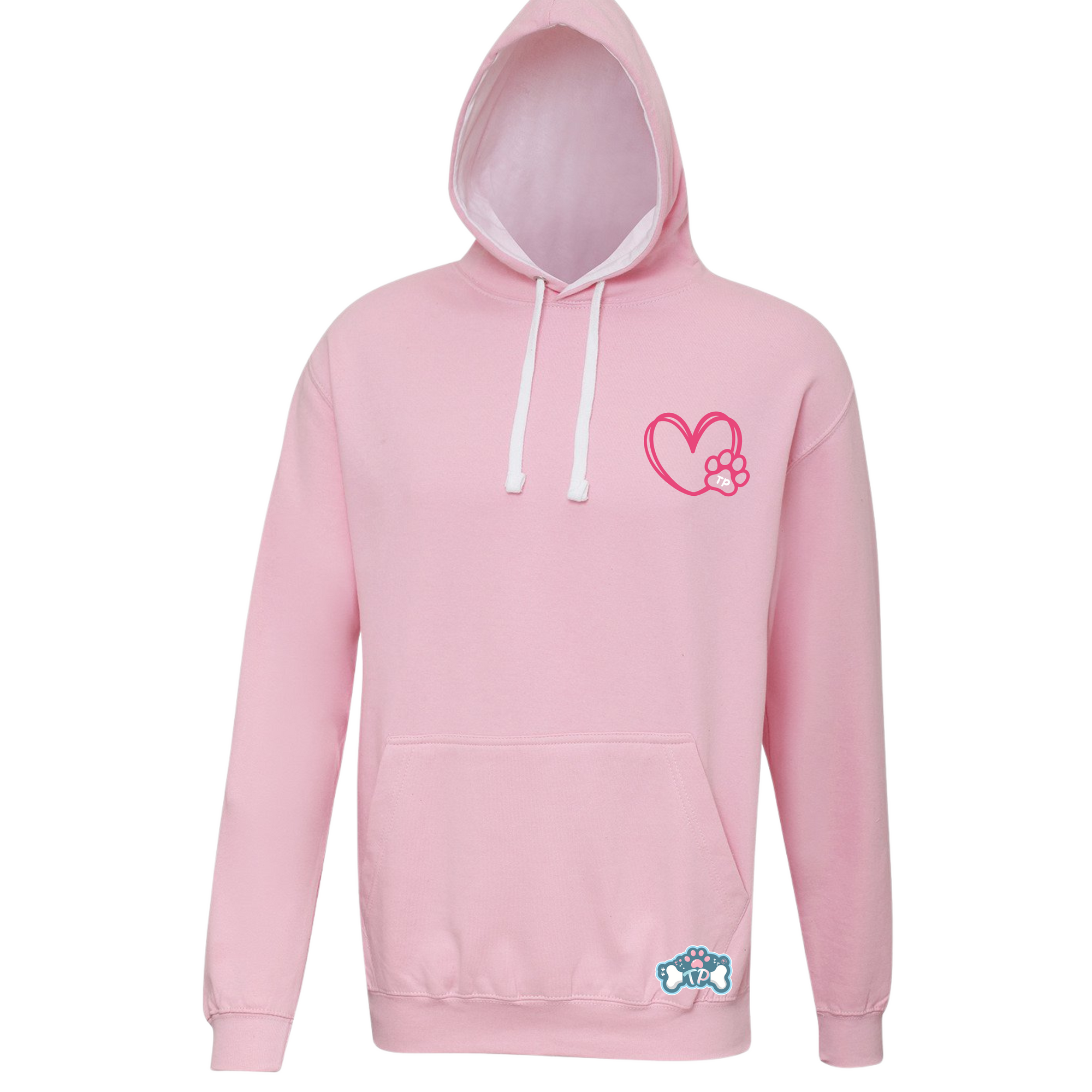 Pink hoodie with a heart design on a white background