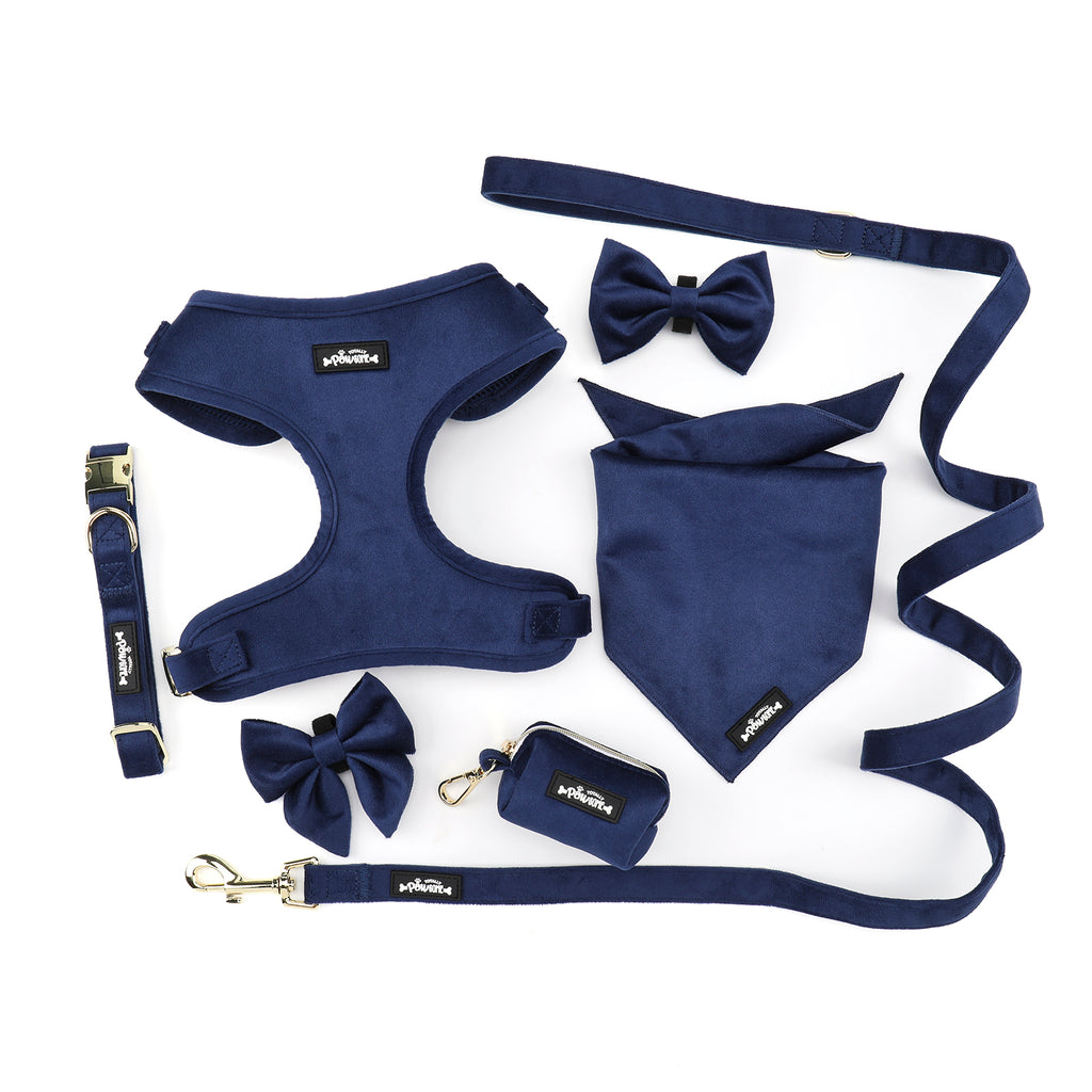 Navy Velvet - 4 Piece Bundle - Dog Harness, Collar, Lead & Poop Bag Holder