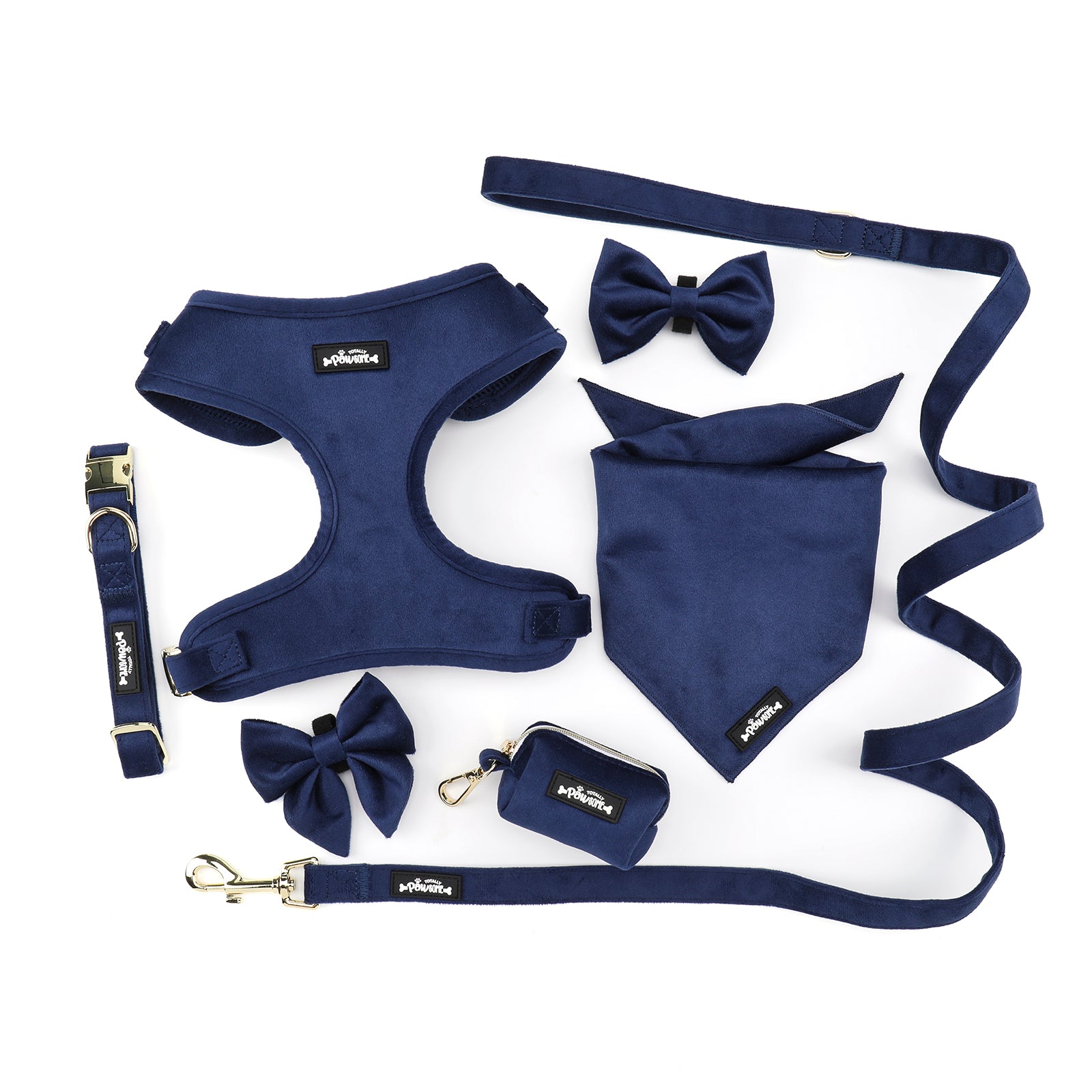Navy Velvet - 4 Piece Bundle - Dog Harness, Collar, Lead & Poop Bag Holder