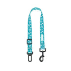 Teal dog seatbelt restraint with black clip on a white background