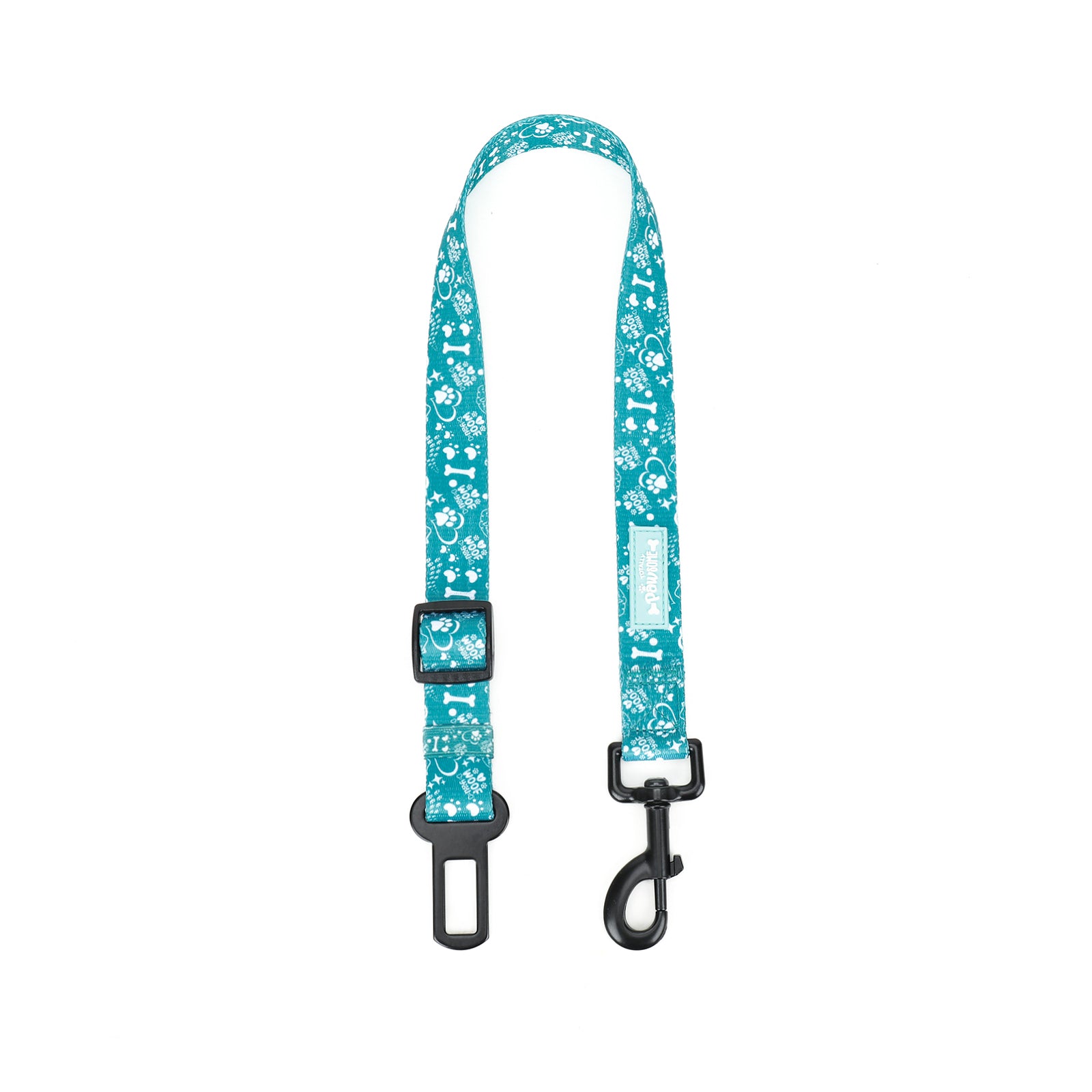 Teal dog seatbelt restraint with black clip on a white background