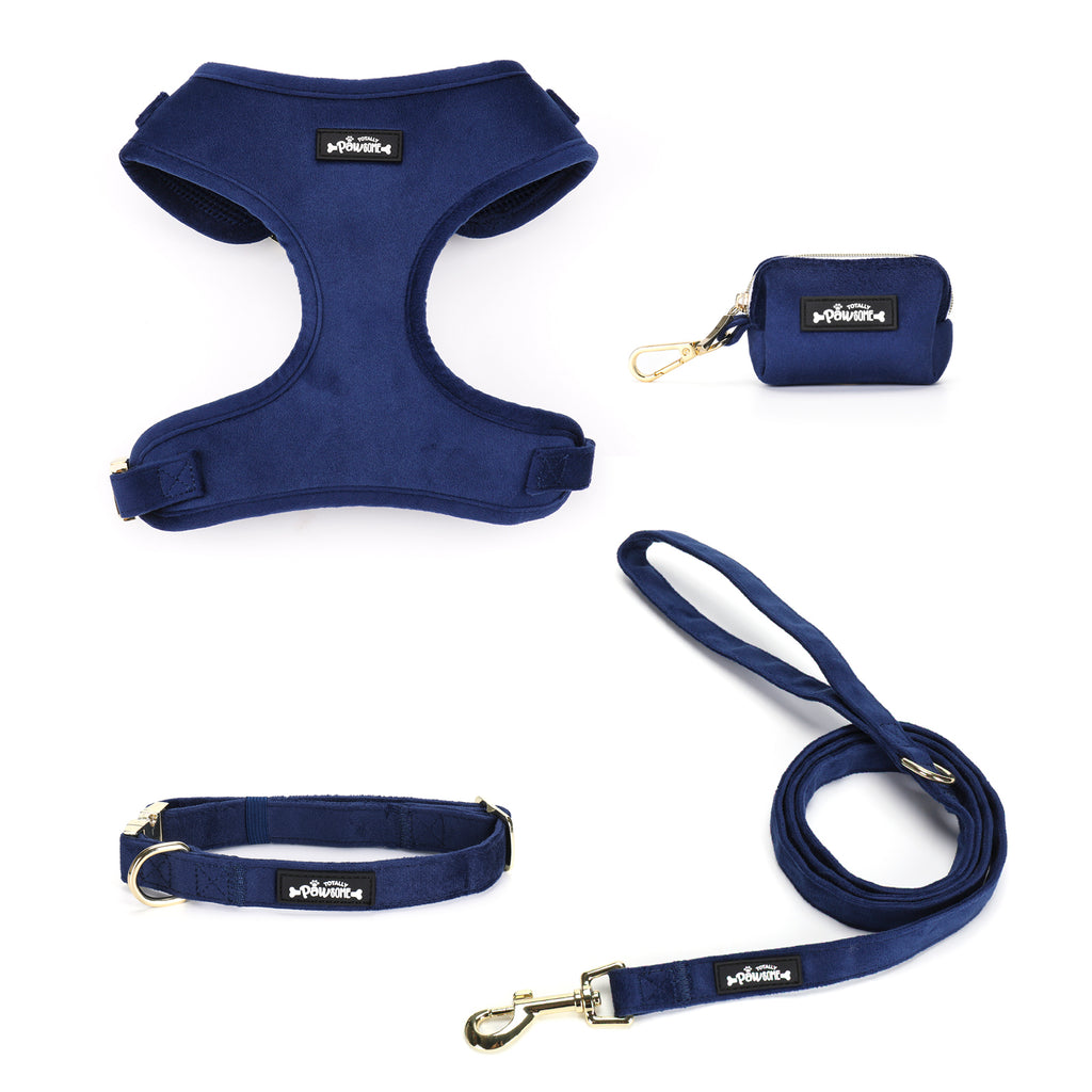 Navy Velvet - 4 Piece Bundle - Dog Harness, Collar, Lead & Poop Bag Holder