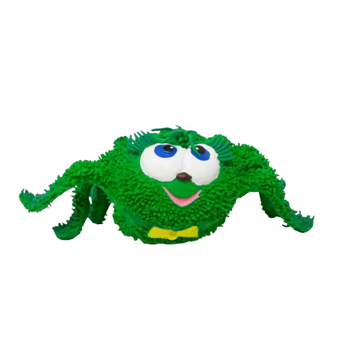 Green rubber toy with a smiling face on a white background