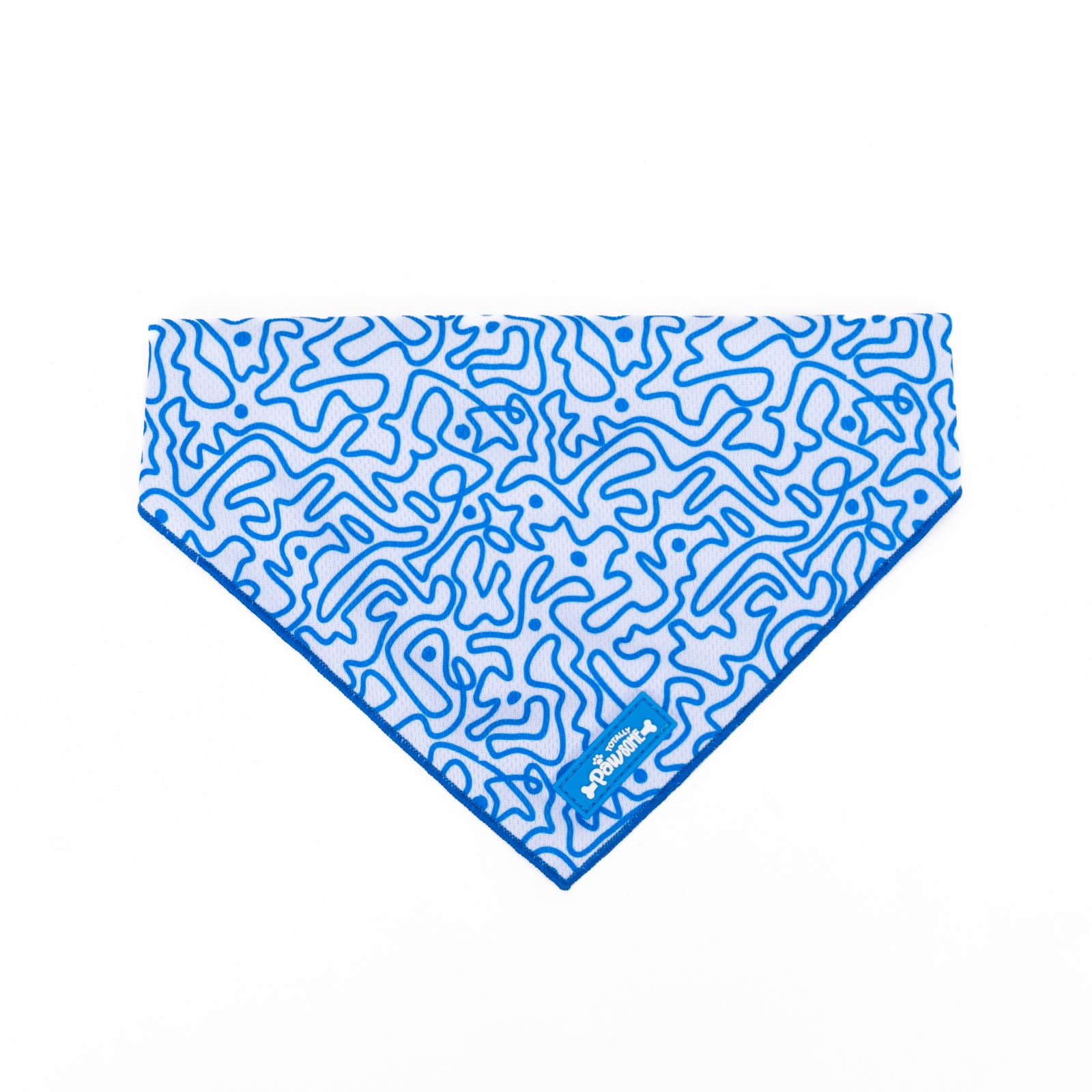 A blue and white swirly patterned bandana for dogs.