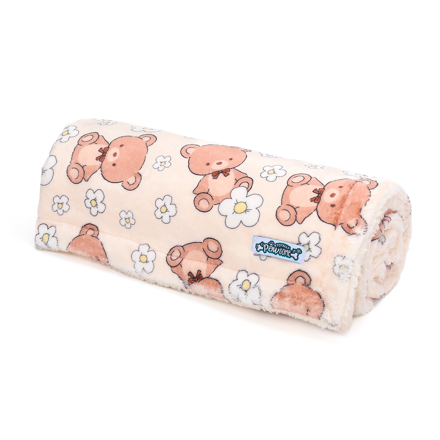 Dog Blanket - Teddy bear and flower pattern on a white background