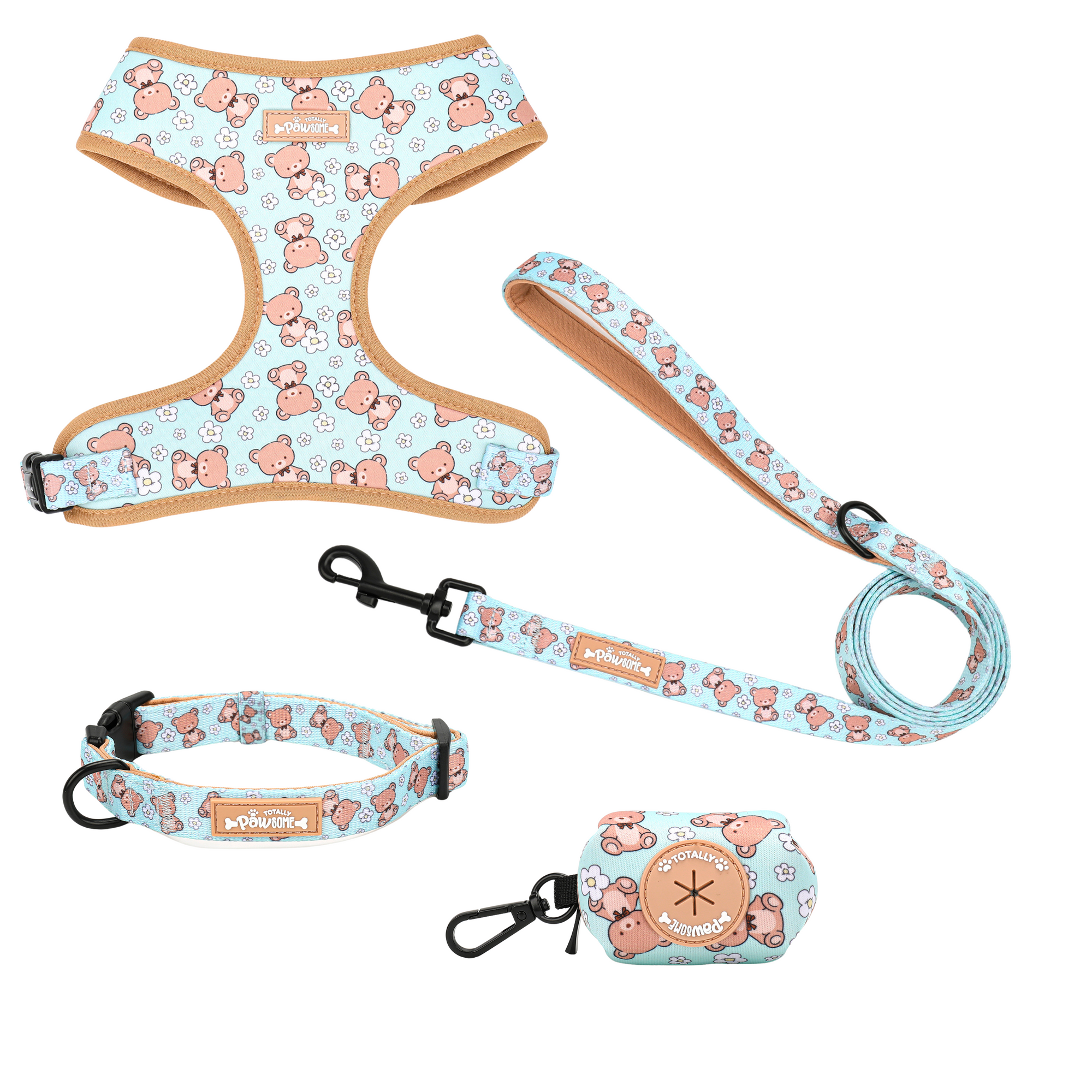 Dog harness, leash, collar, and poop bag holder set with teddy bear pattern on a white background