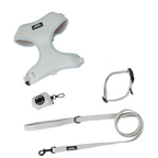 Dog harness, leash, and poop bag holder set on a white background
