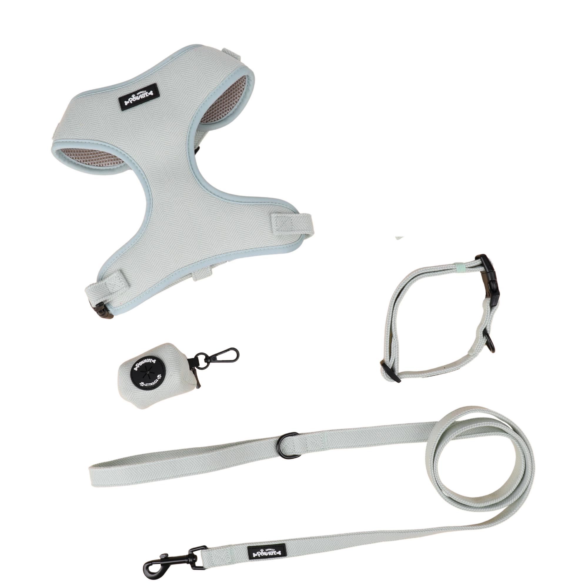 Dog harness, leash, and poop bag holder set on a white background