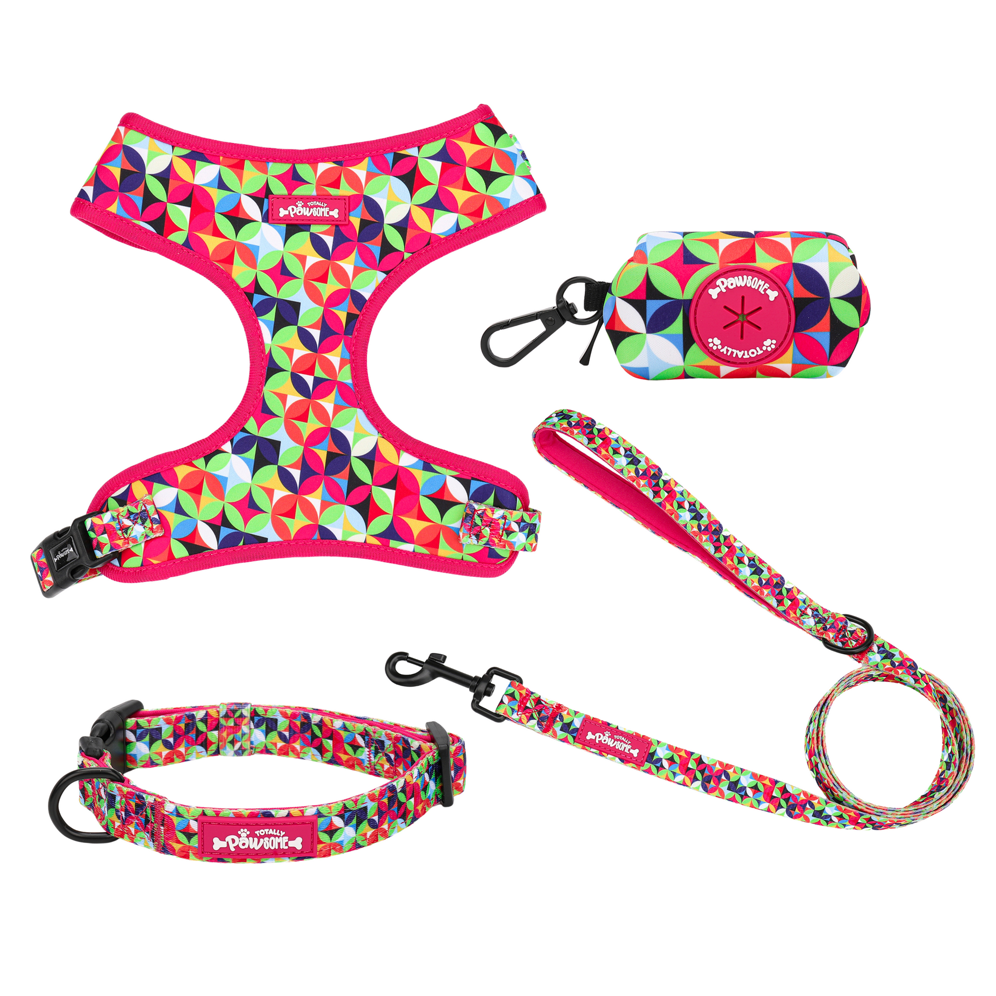 Colorful dog harness, leash, and poop bag holder set with geometric pattern on a white background