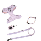 Dog harness, leash, and collar set with Leopard pattern on a white background