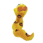 Yellow snake-shaped toy with black spots on a white background