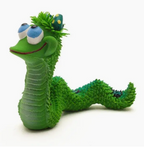 Green rubber snake toy with googly eyes on a white background