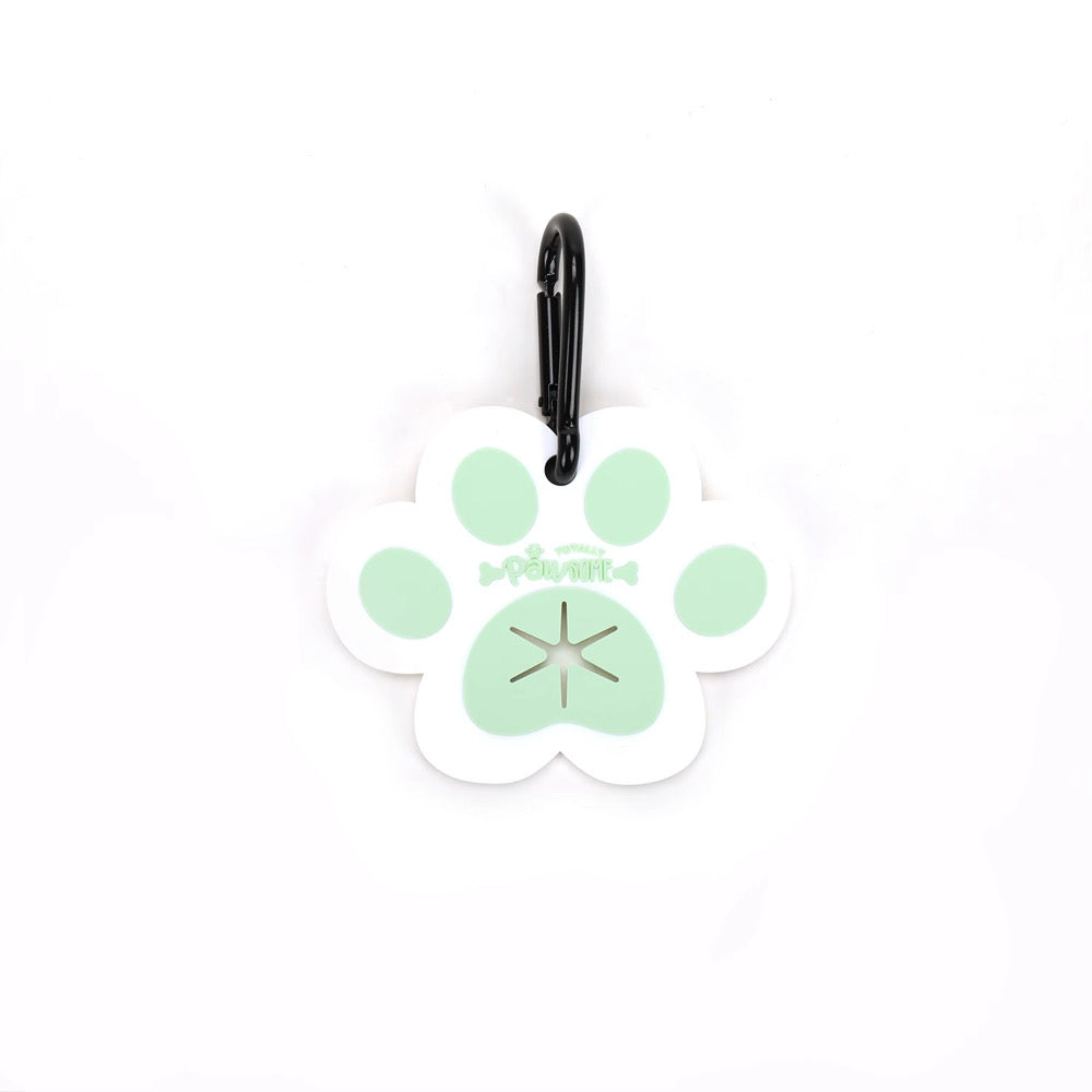 A clip designed to hold poop bags, featuring a white paw print with mint green accents and a black clip attachment.