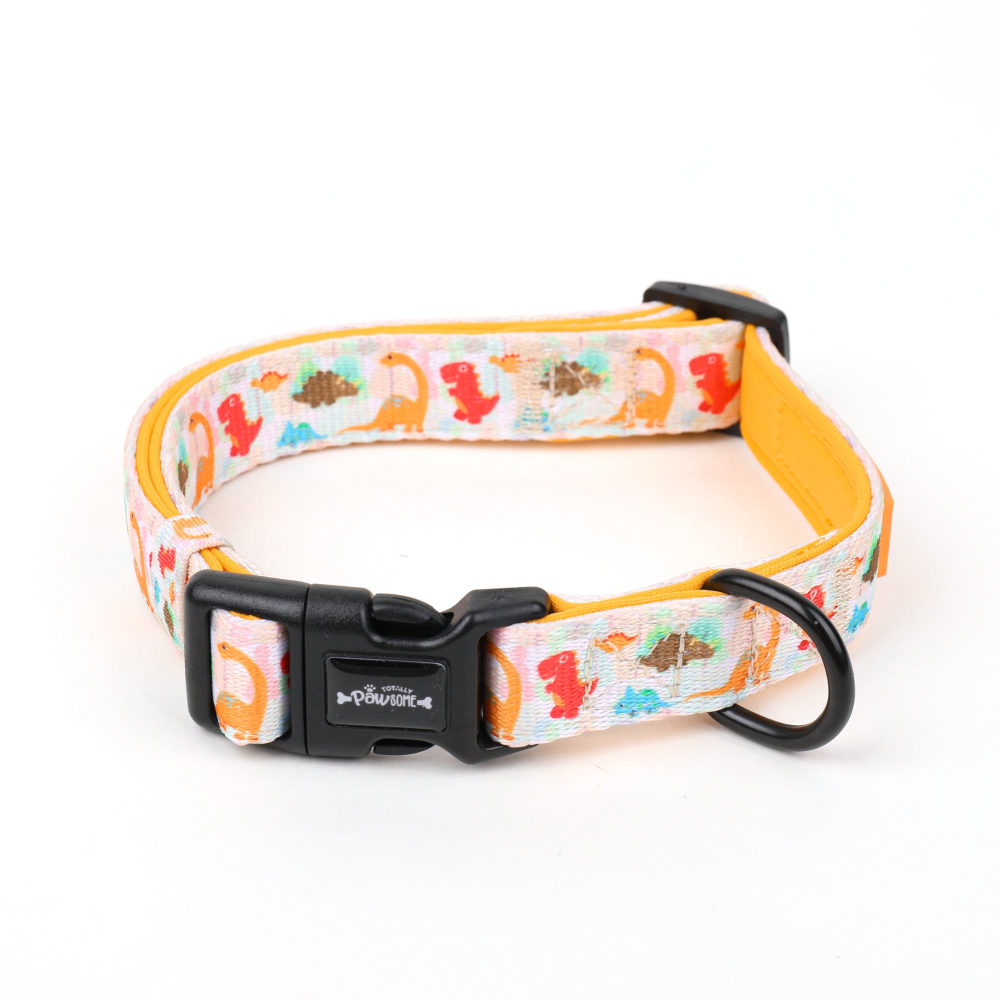 dog collar with orange red and blue dinosaurs with a black clasp