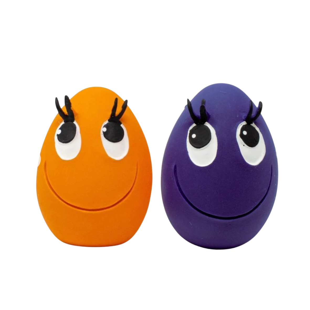 Orange and purple smiley face eggs with black eyelashes on a white background