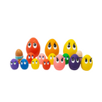 Colorful toy eggs with face designs on a white background