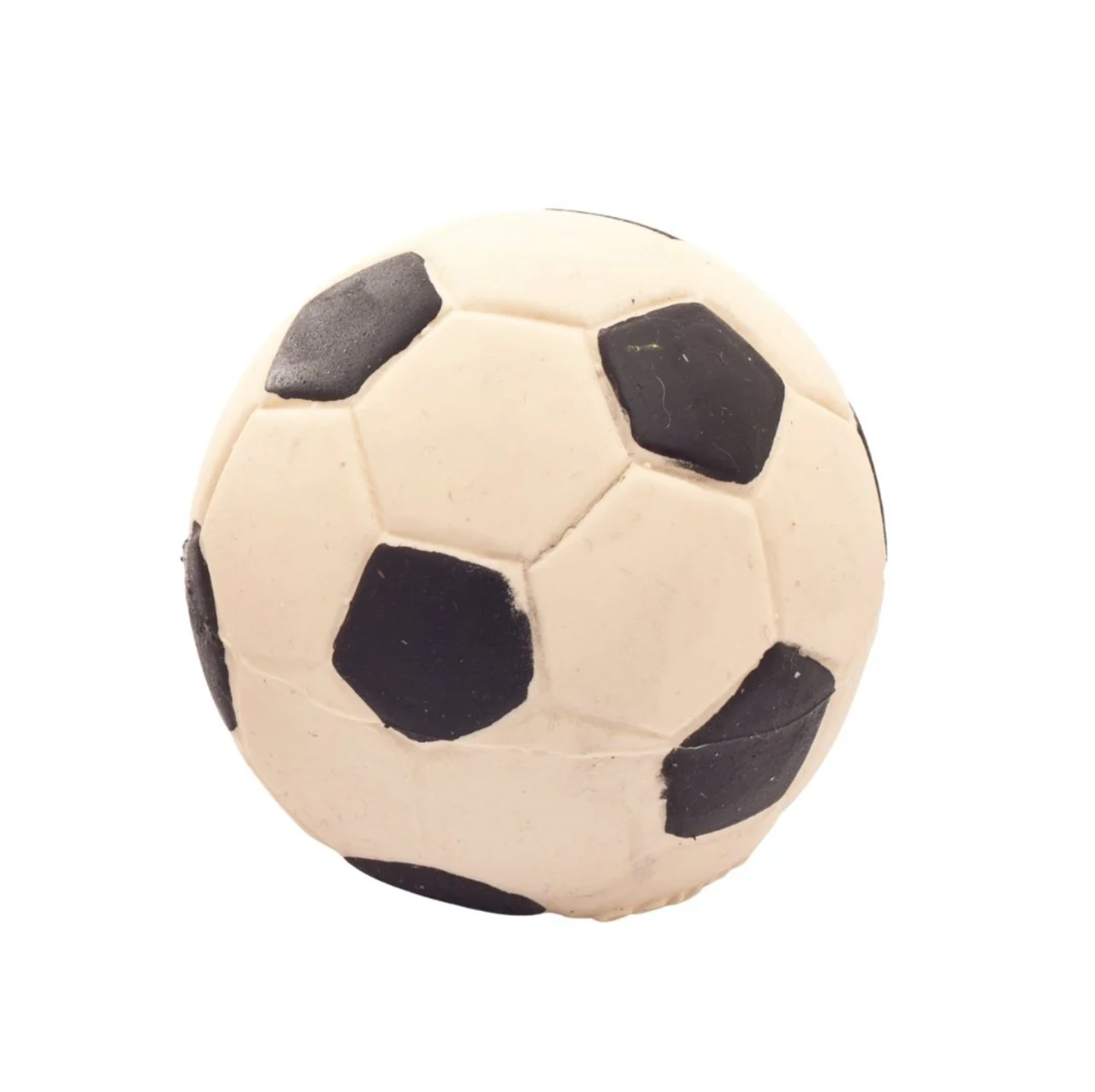 A medium-sized, black and white rubber football style dog toy made of natural rubber.