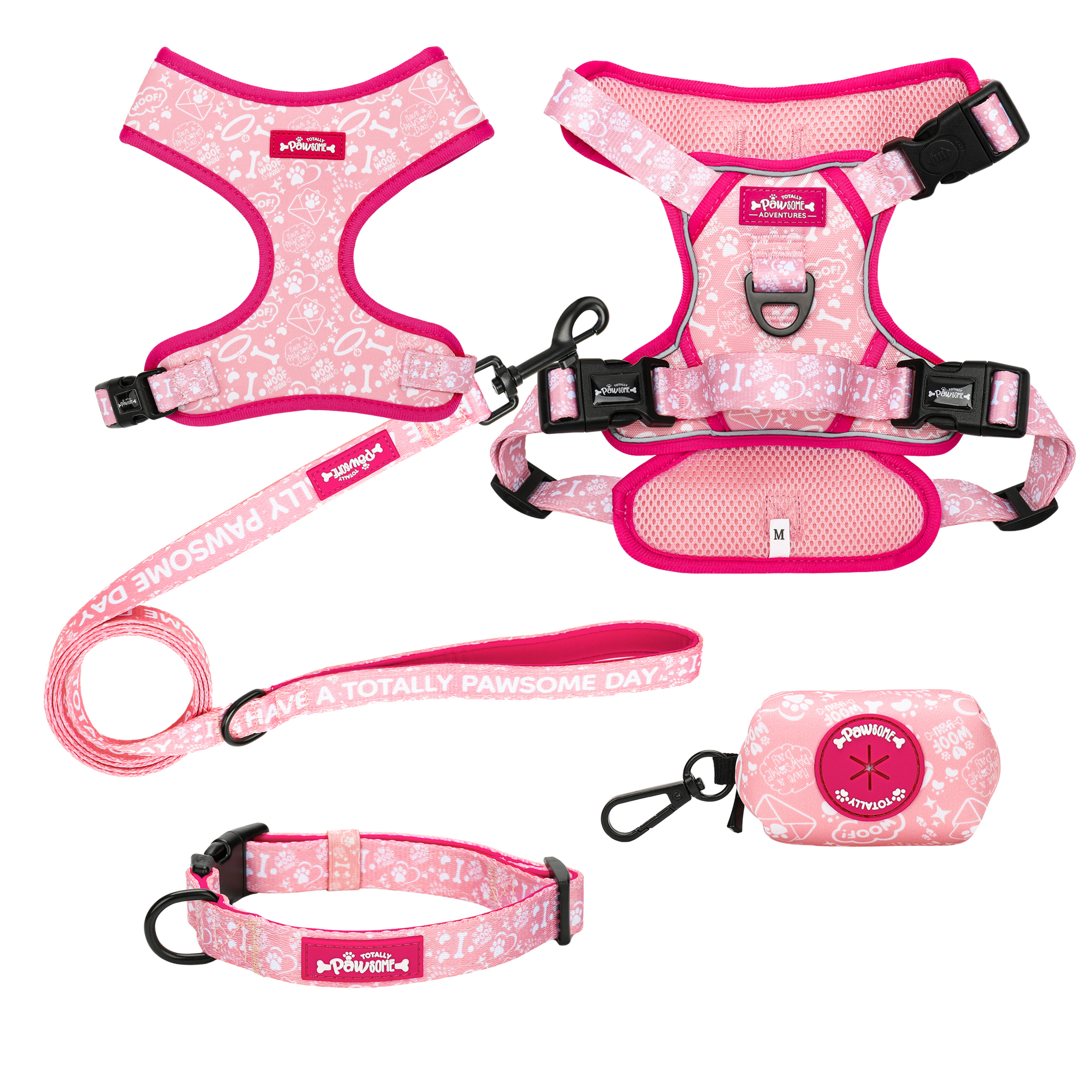 Pink pet harness, leash, collar, and pouch set with paw print design on a white background.