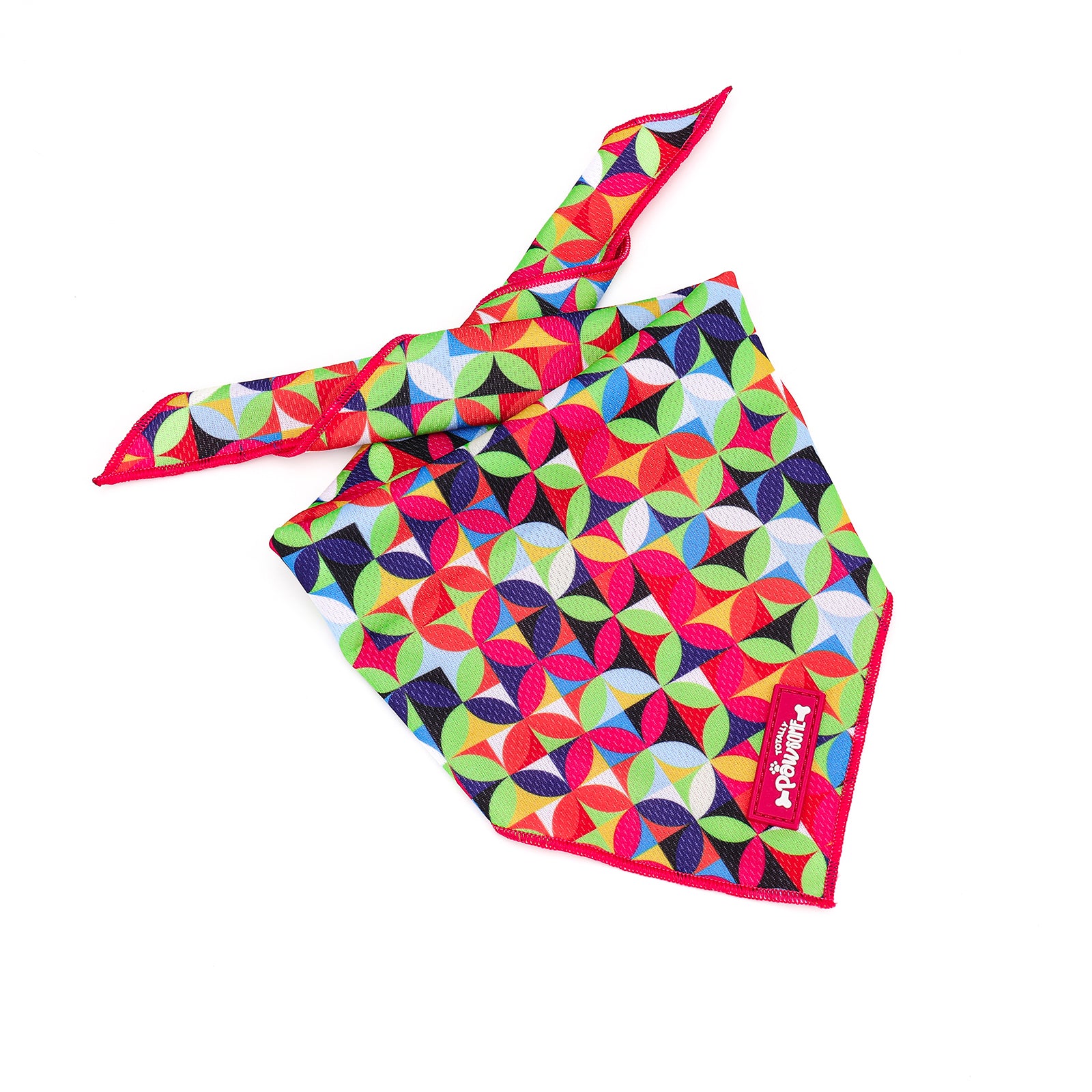 Colorful patterned dog bandana with a brand logo on a white background