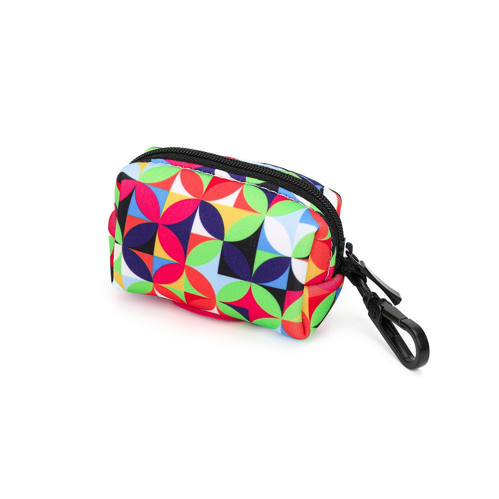 Colorful geometric patterned dog poop bag holder with a black zipper on a white background