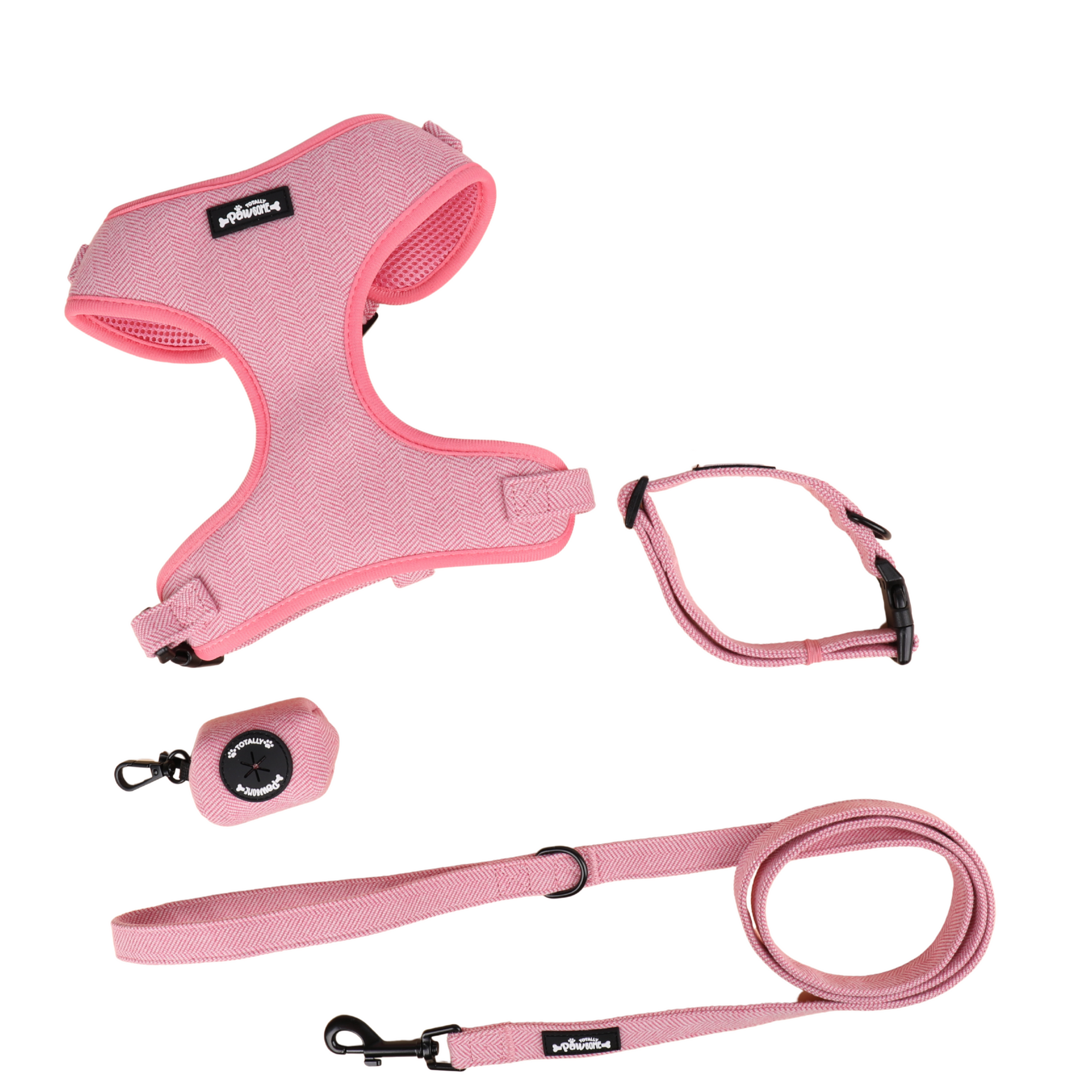 Pink dog harness, leash, and remote control set on a white background