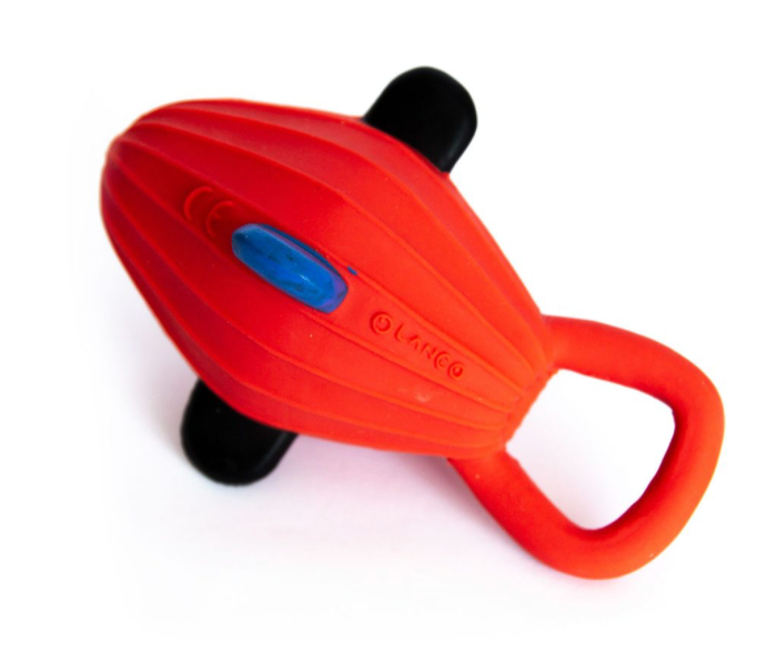 Orange and black  with a blue button on a white backgrounZeppelin Dog Toy