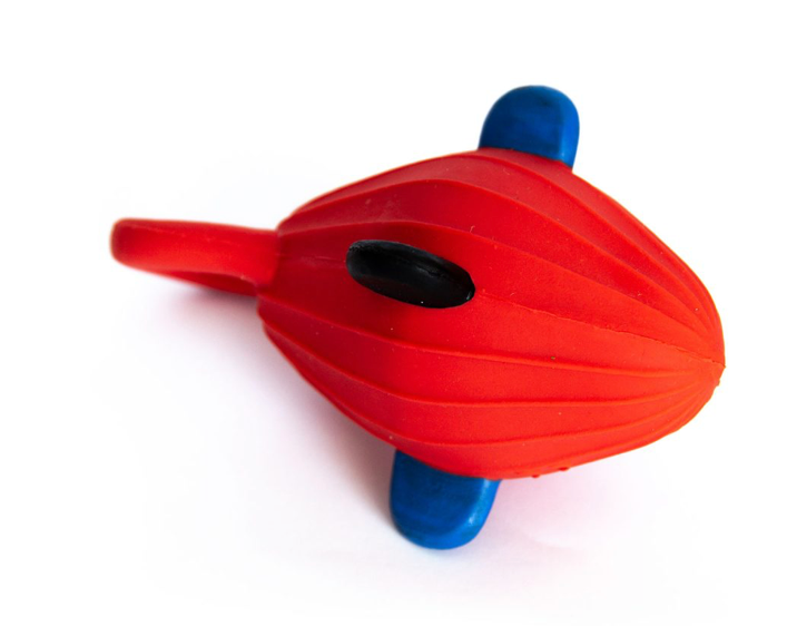 Orange and blue rubber dog toy on a white background