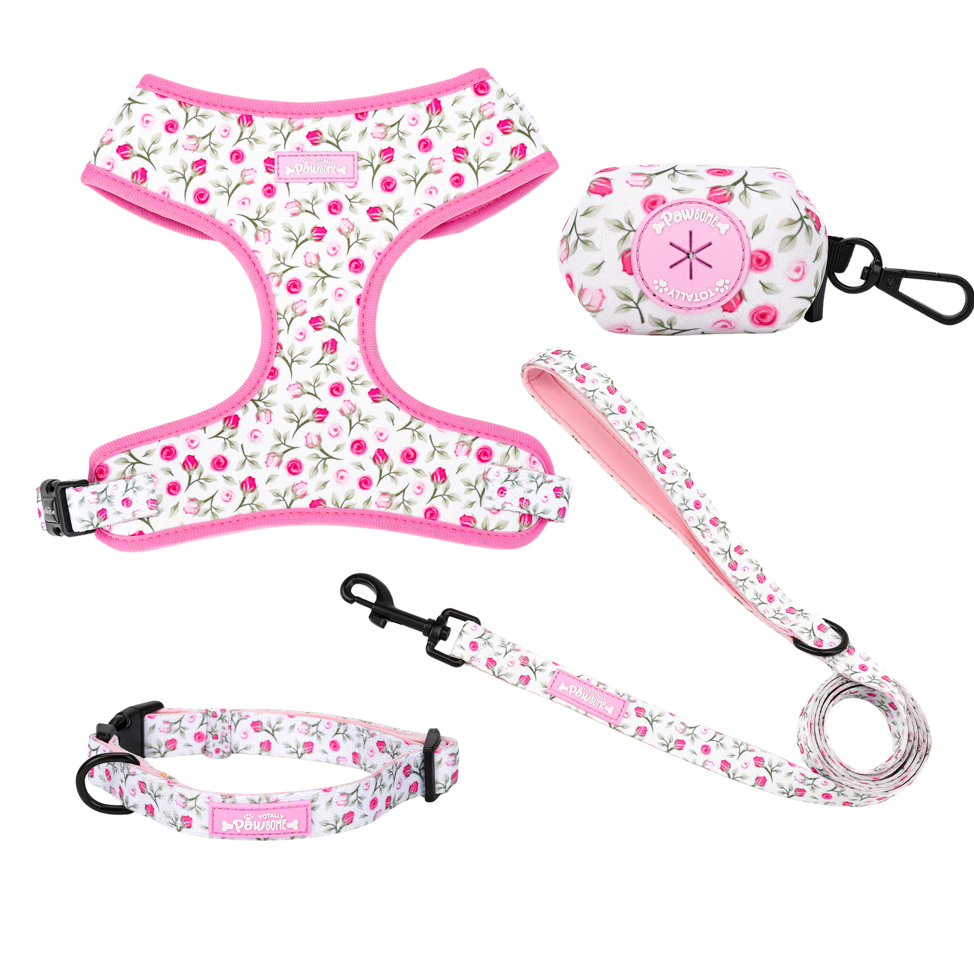 Floral pet harness, leash, and pouch set on a white background