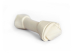 White rubber dog bone toy on a white background