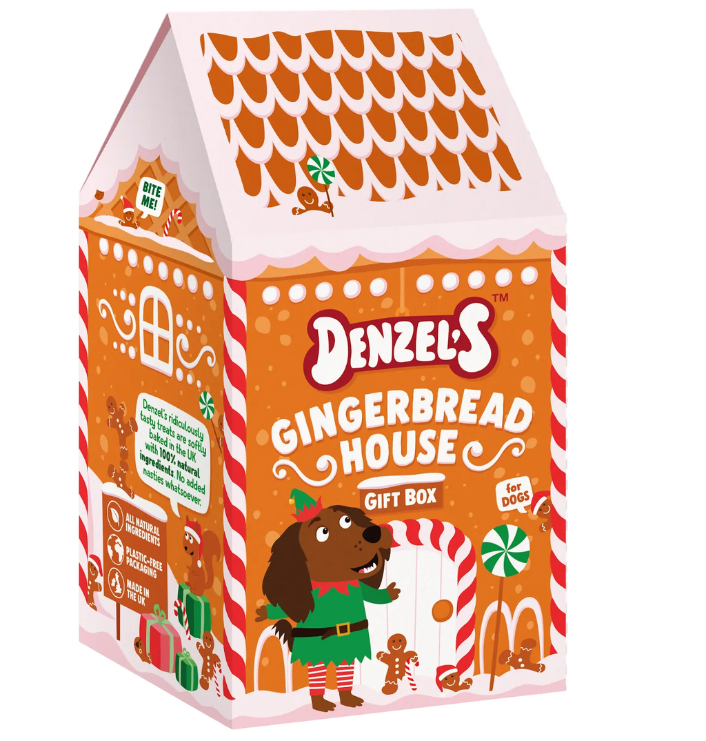 A gingerbread-themed gift box labeled 'Denzel's Gingerbread House Gift Box' with a cartoon dog dressed as an elf and holiday illustrations on an orange background.