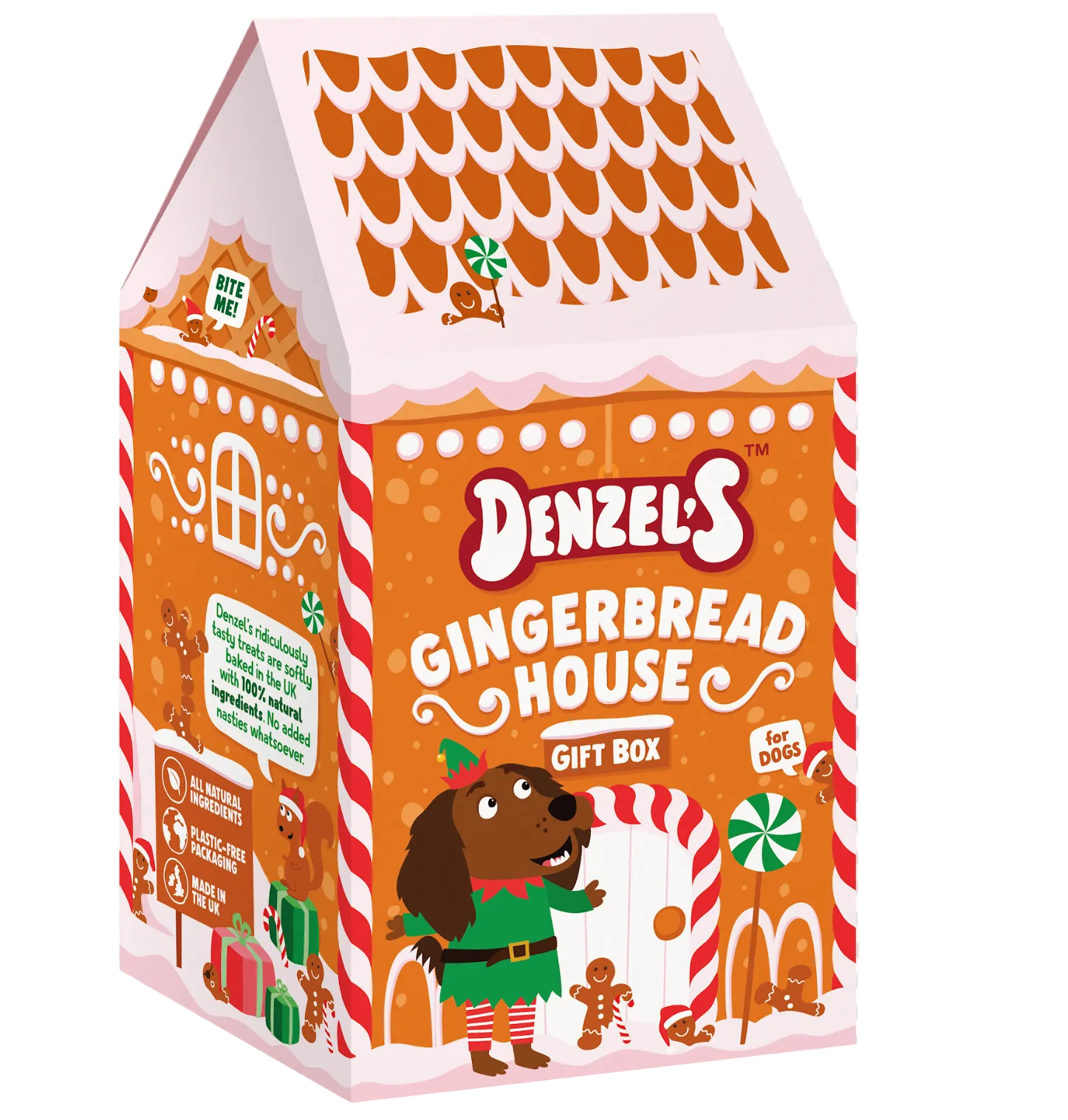 A gingerbread-themed gift box labeled 'Denzel's Gingerbread House Gift Box' with a cartoon dog dressed as an elf and holiday illustrations on an orange background.
