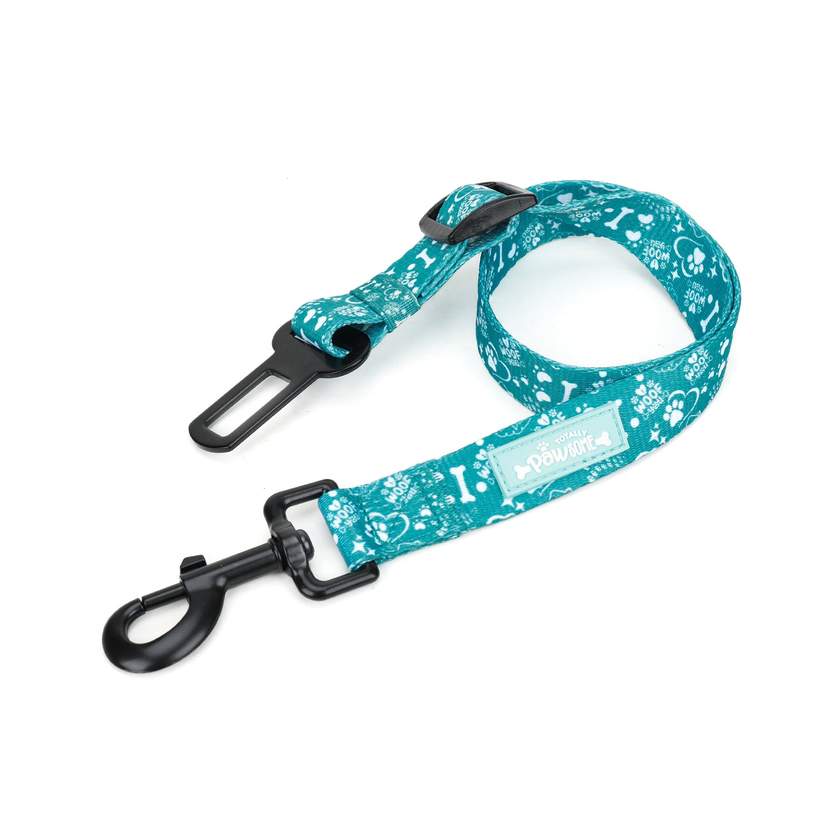 A teal seat belt restraint for dogs with a pattern of white paw prints and text, featuring adjustable straps and a clip buckle.