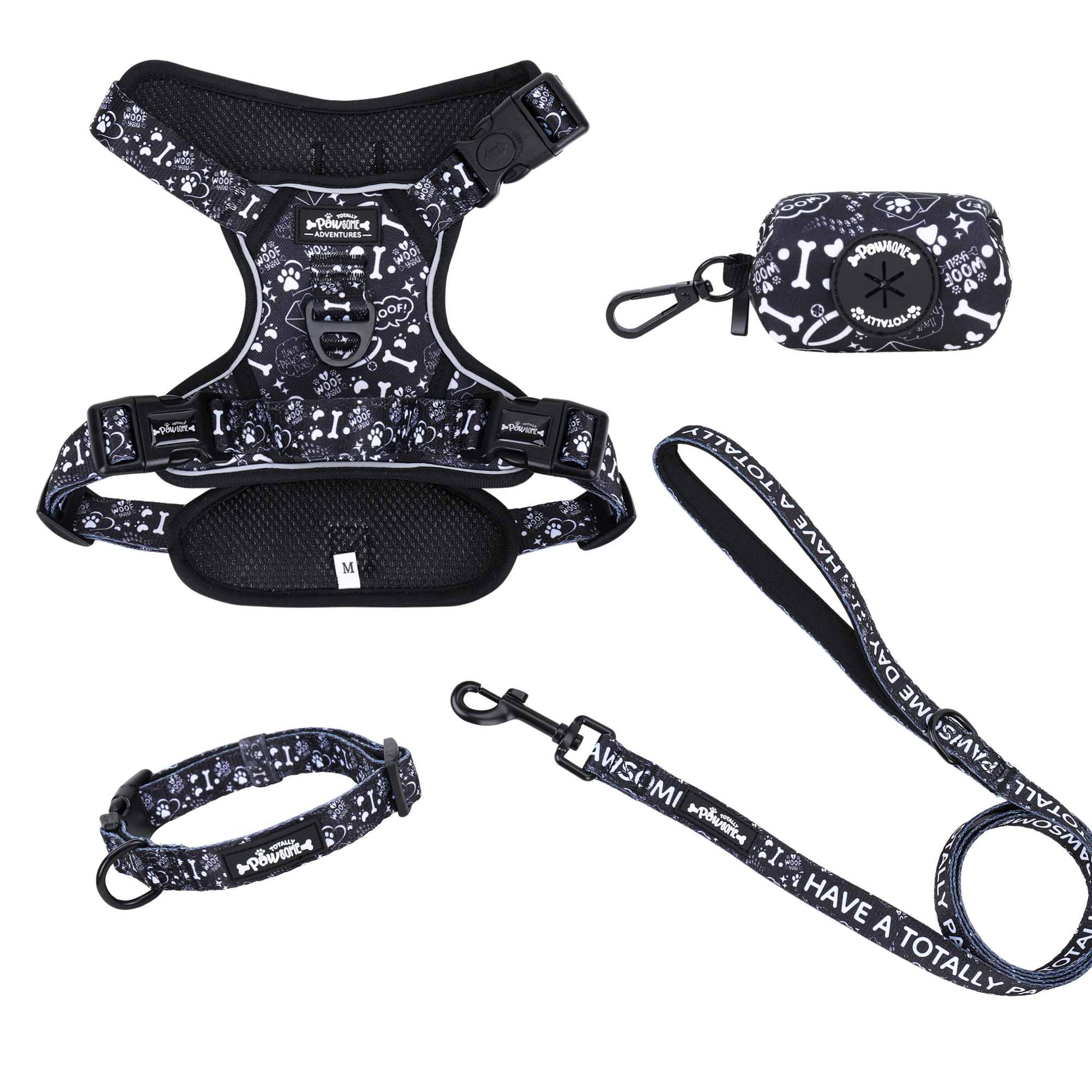 Midnight Paws - TP Adventures - 4 piece Bundle - Dog Harness, Collar, Lead & Poop Bag Holder