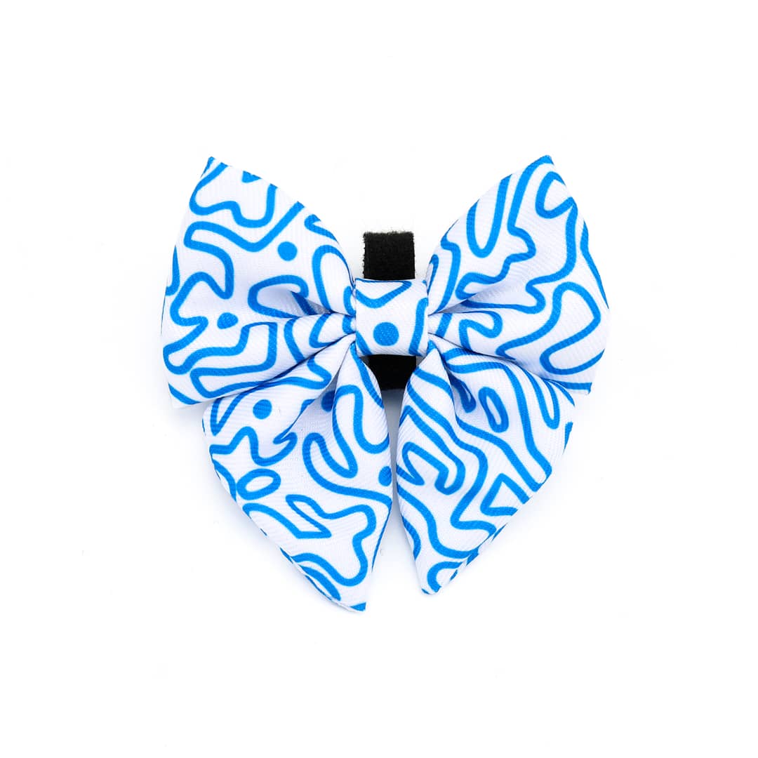 Blue and white patterned bow tie on a white background