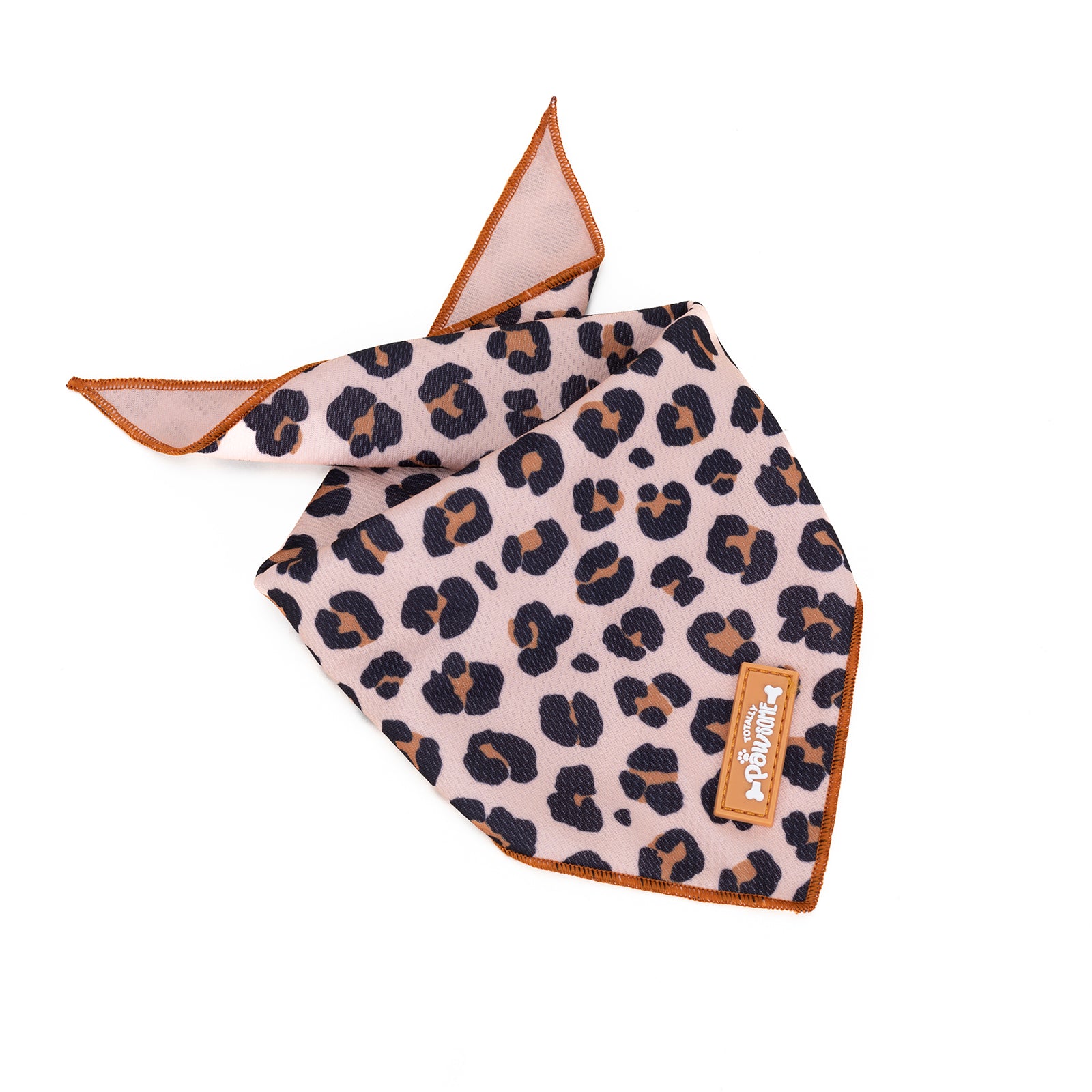 Leopard print bandana with brown trim on a white background