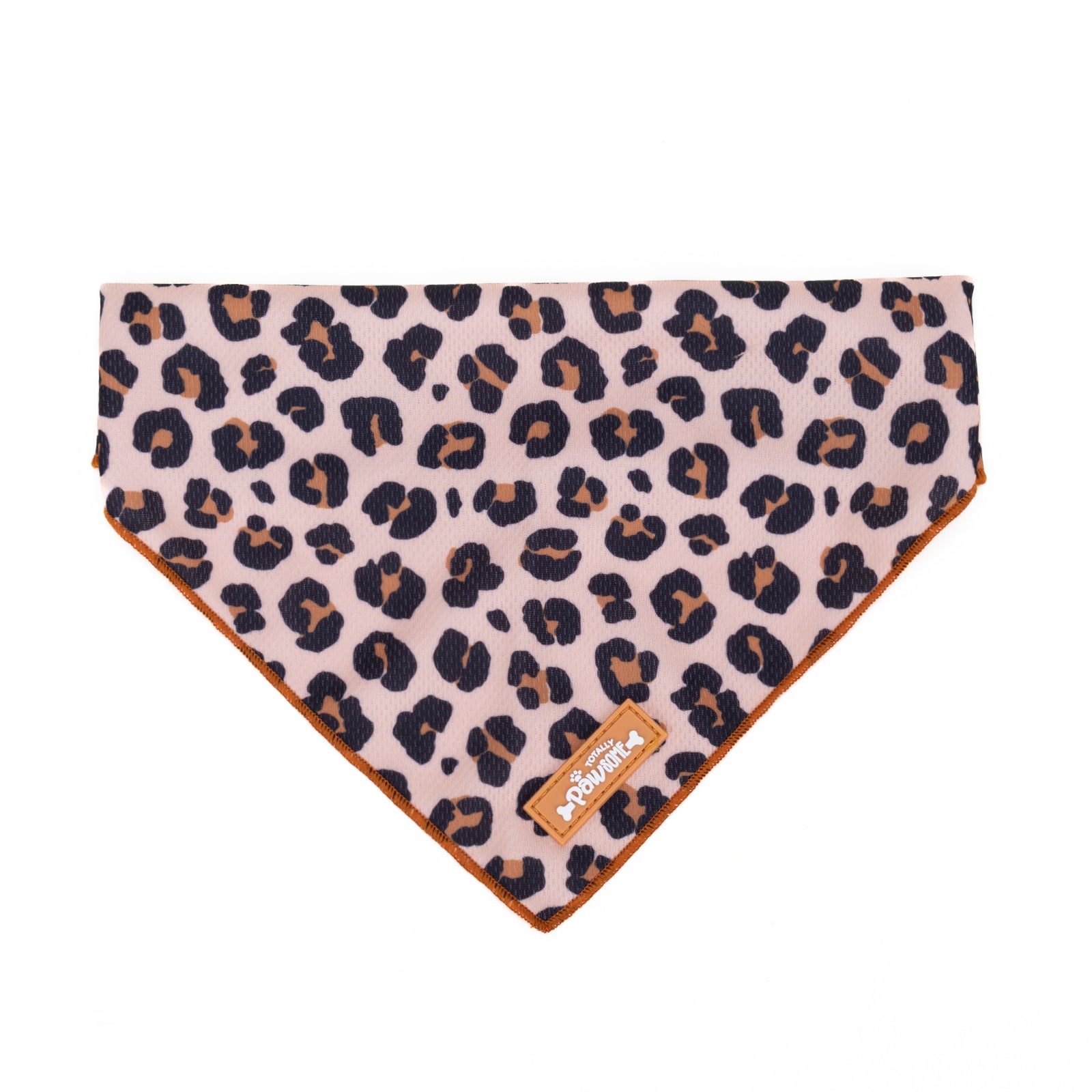 Leopard print bandana with a brand logo on a white background