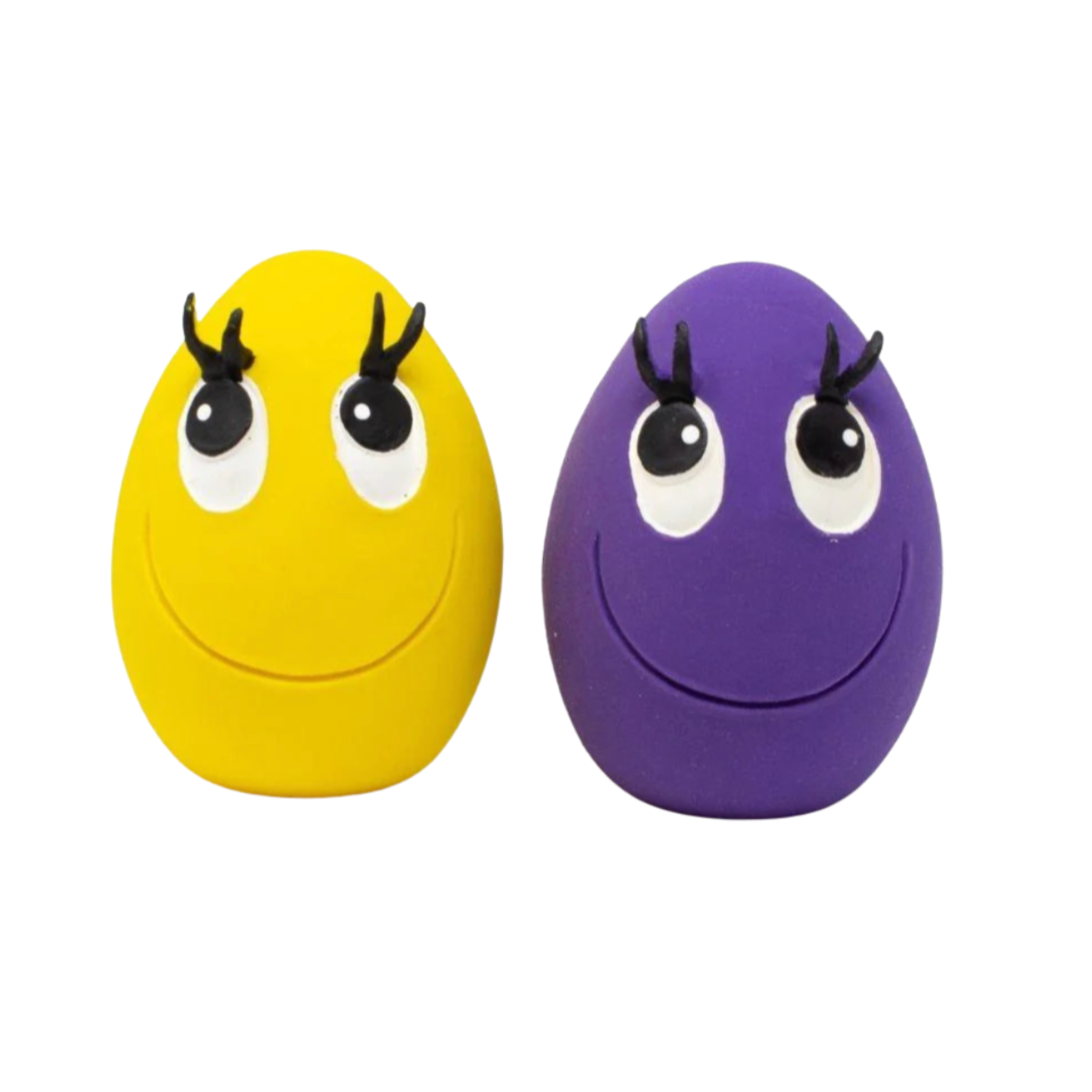 Yellow and purple egg-shaped objects with facial features on a white background