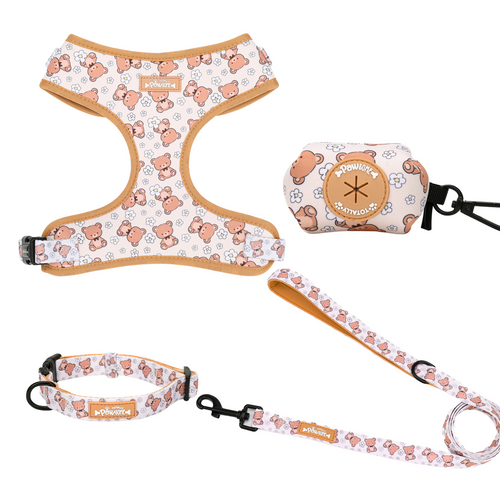 Dog harness, leash, and collar set with teddy bear pattern on a white background