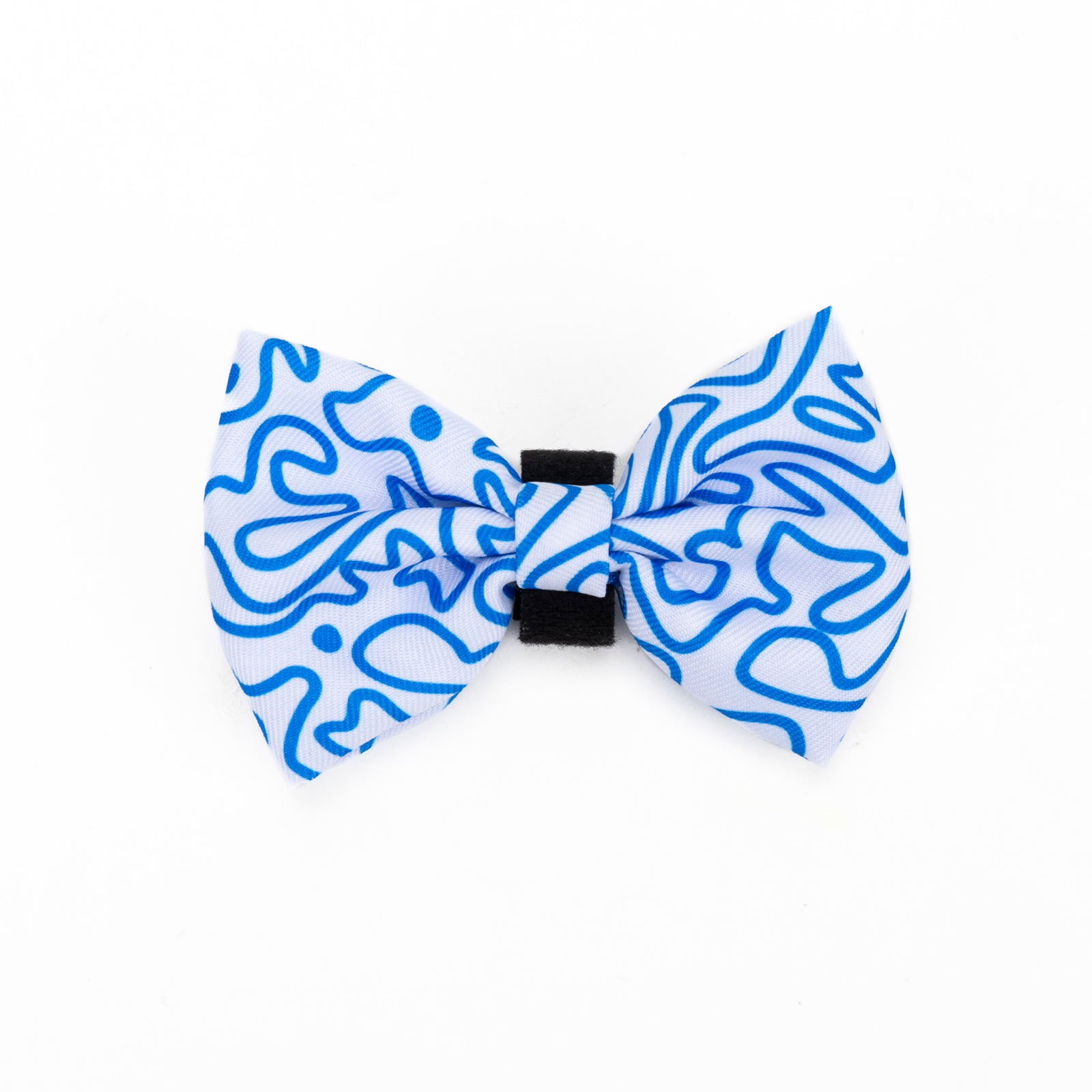 A blue and white swirly patterned bow tie for dogs.