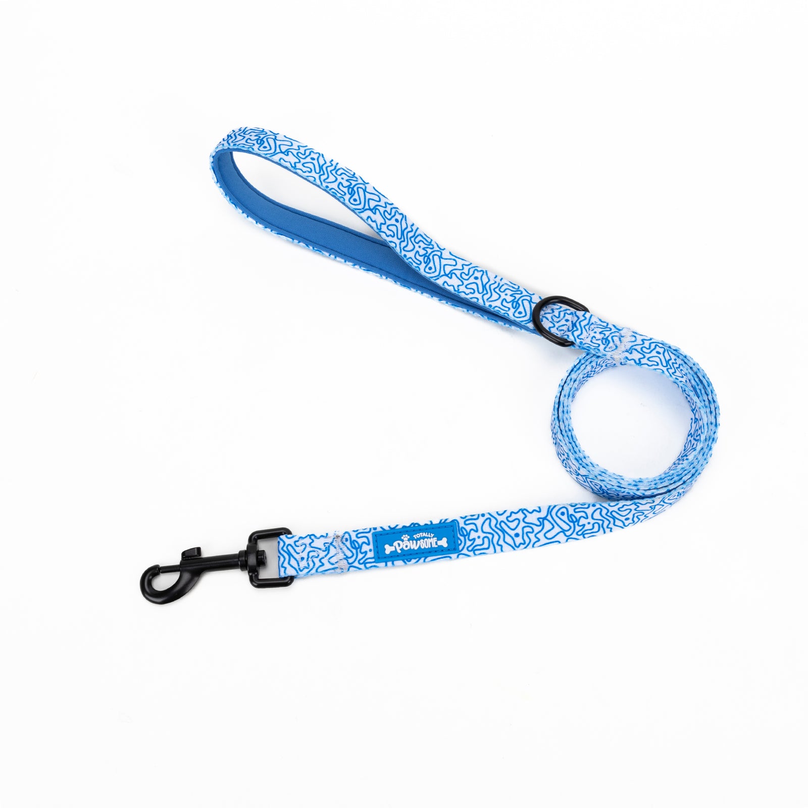 Blue patterned dog leash on a white background