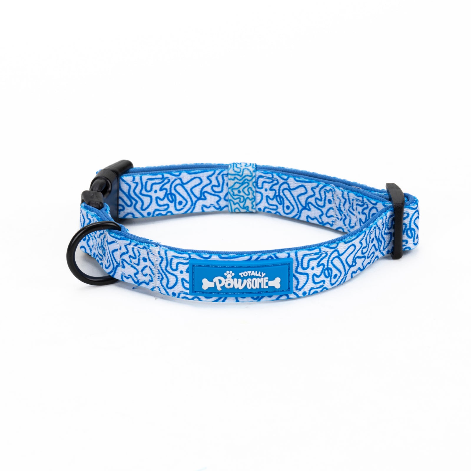A blue and white swirly patterned dog collar with a black clasp and ring.